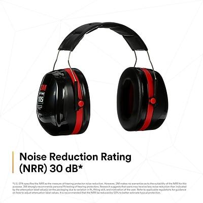 Noise Reduction Rating (NRR) 30 dB*

U.S. EPA suggests the NRR as a measure of hearing noise reduction. 3M makes no warranty as to the suitability of the NRR for this purpose. 3M strongly recommends personal fitting of hearing protection. Earmuffs may not provide the maximum noise reduction indicated on the label. It is recommended that the NRR be reduced by 50% to estimate typical protection. Refer to regulations for guidance.