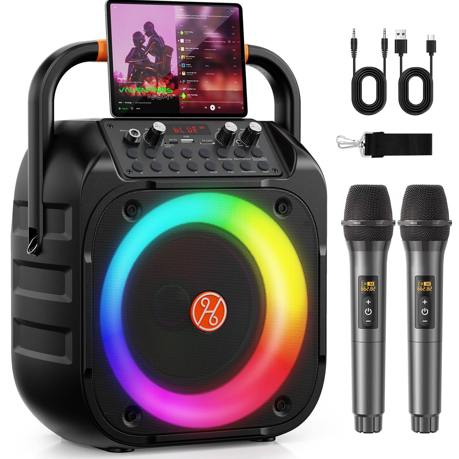 Cedar Assembly - Karaoke Machine For Adults Portable With 2 Wireless Microphones Echo Adjustment Led Lights Pa System Supp - Default