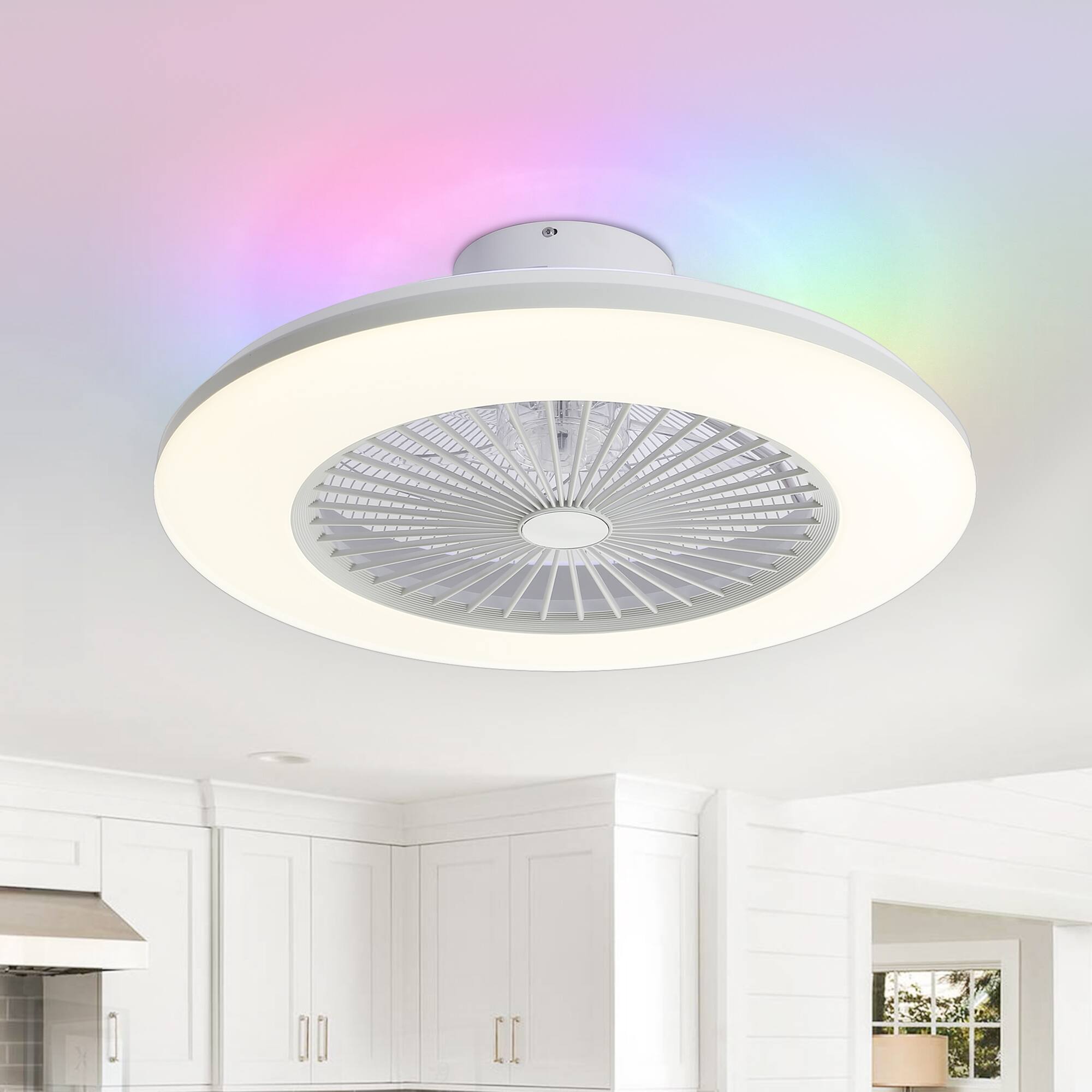 Breezary - 22-Inch Flush Mount Ceiling Fan with LED RGB Light, 7 Transparent ABS Blades, DC Motor 120V/60Hz 20W, No Downrod - White