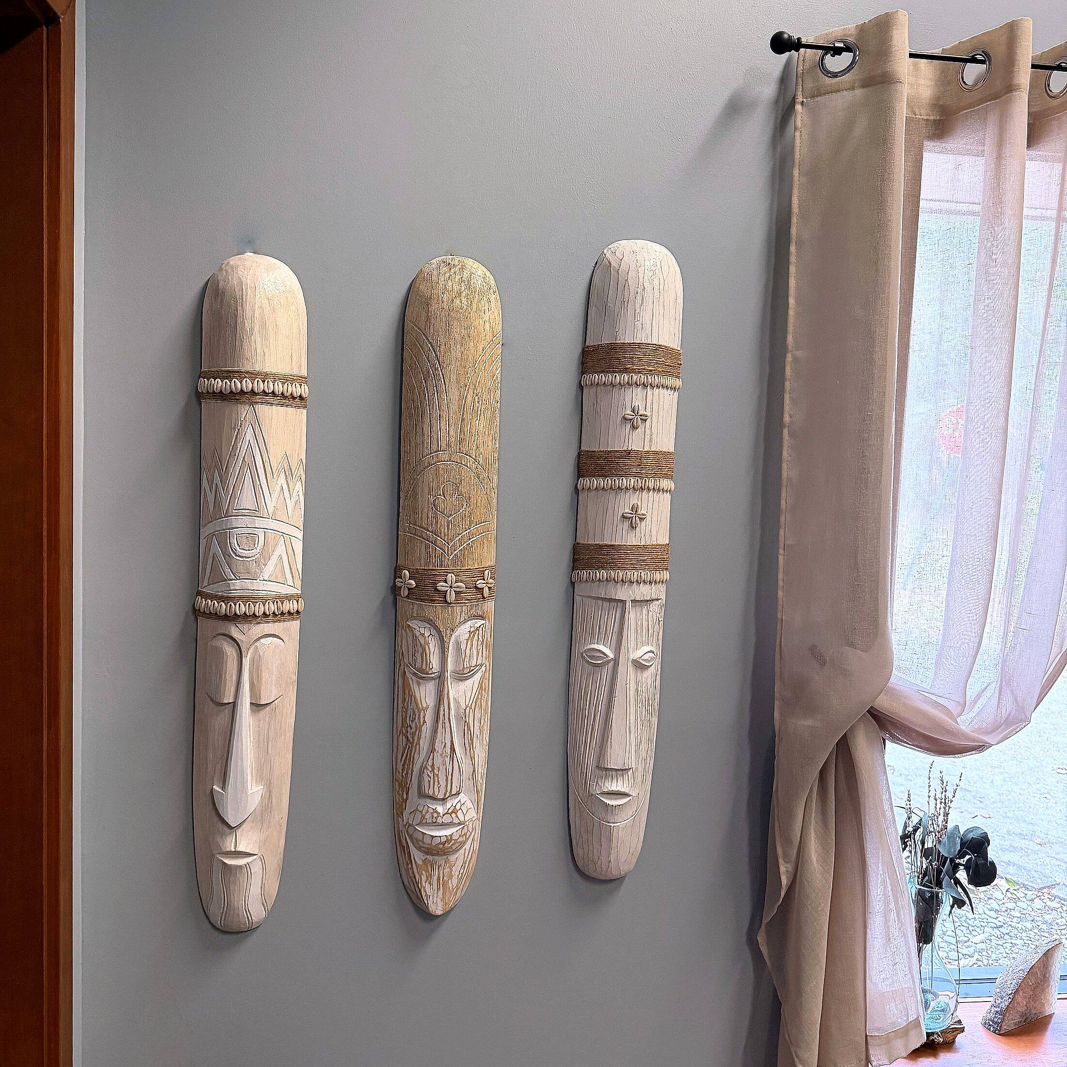 Alt View 3. Things2Die4 - Set of 3 Tiki Mask Wall Sculptures Whitewashed Wood 39.5 in Tropical - Natural.