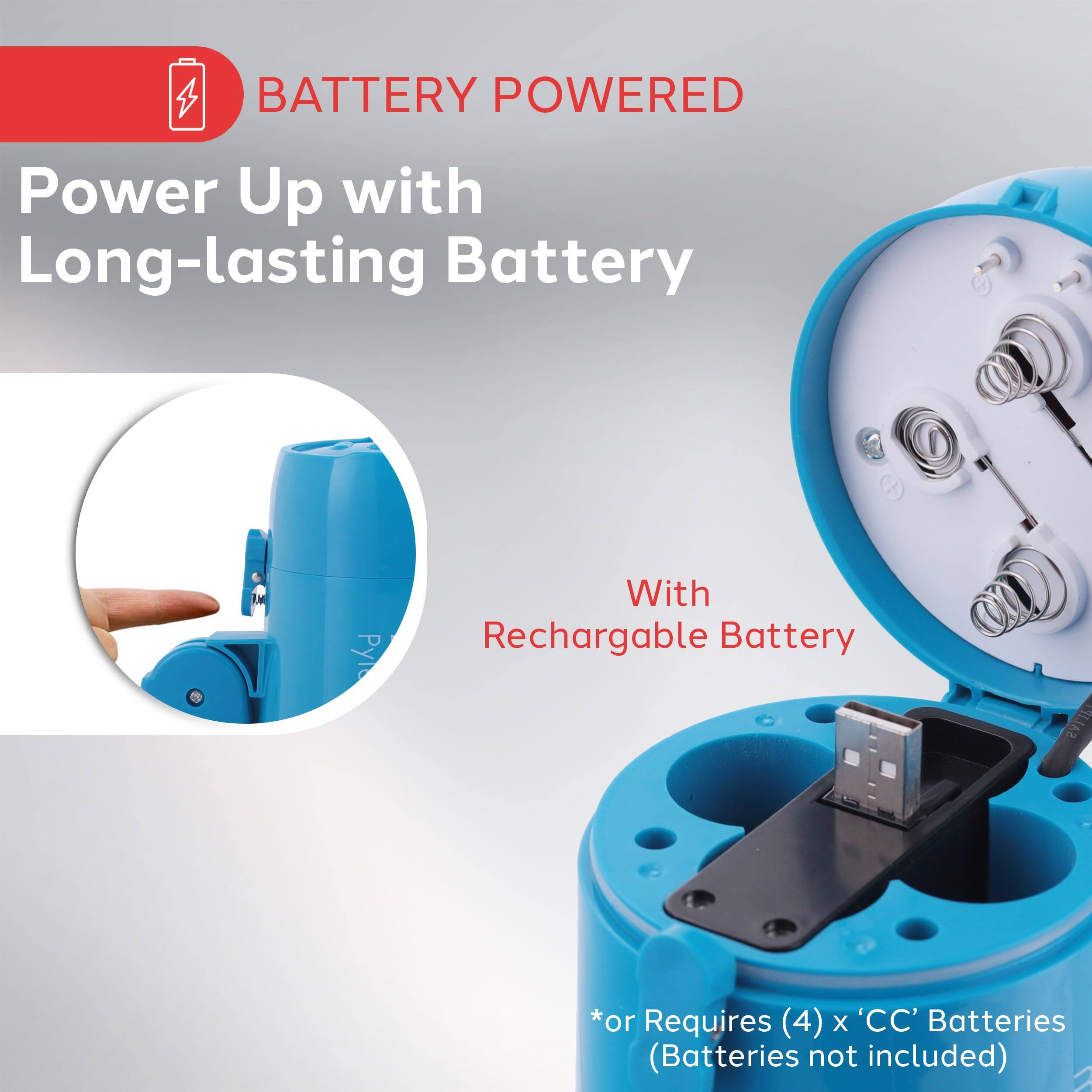 BATTERY POWERED
Power Up with Long-lasting Battery
With Rechargable Battery
*or Requires (4) x 'CC' Batteries (Batteries not included)