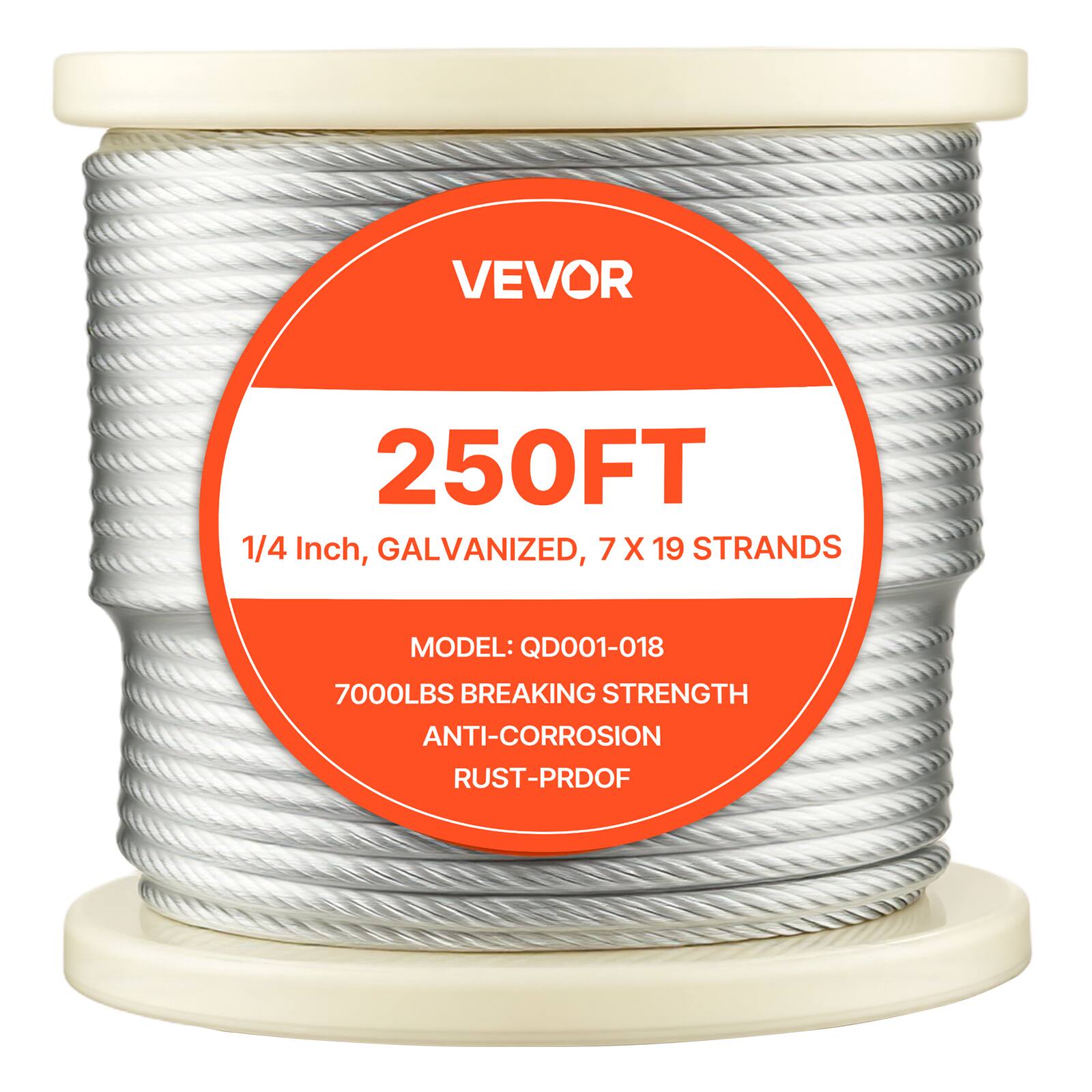 VEVOR 250FT 1/4 Inch, GALVANIZED, 7 X 19 STRANDS MODEL: QD001-018 7000LBS BREAKING STRENGTH ANTI-CORROSION RUST-PROOF