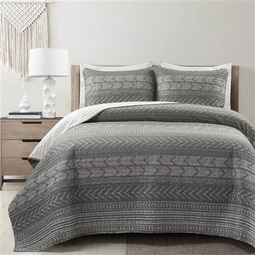 Back. SlickBlue - Scandinavian Chevron Stripe Reversible Cotton Quilt Set for Bedroom - Dark Grey.