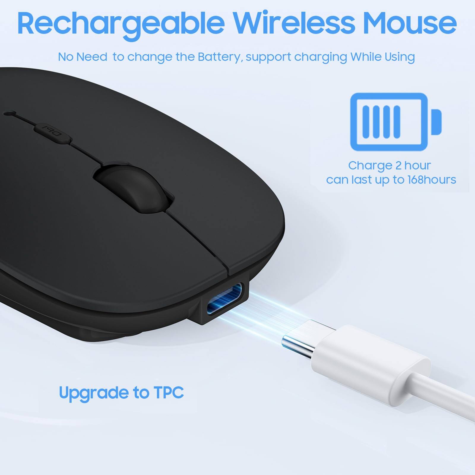Rechargeable Wireless Mouse  
No Need to change the Battery, support charging While Using  

Charge 2 hour can last up to 168 hours  

Upgrade to TPC