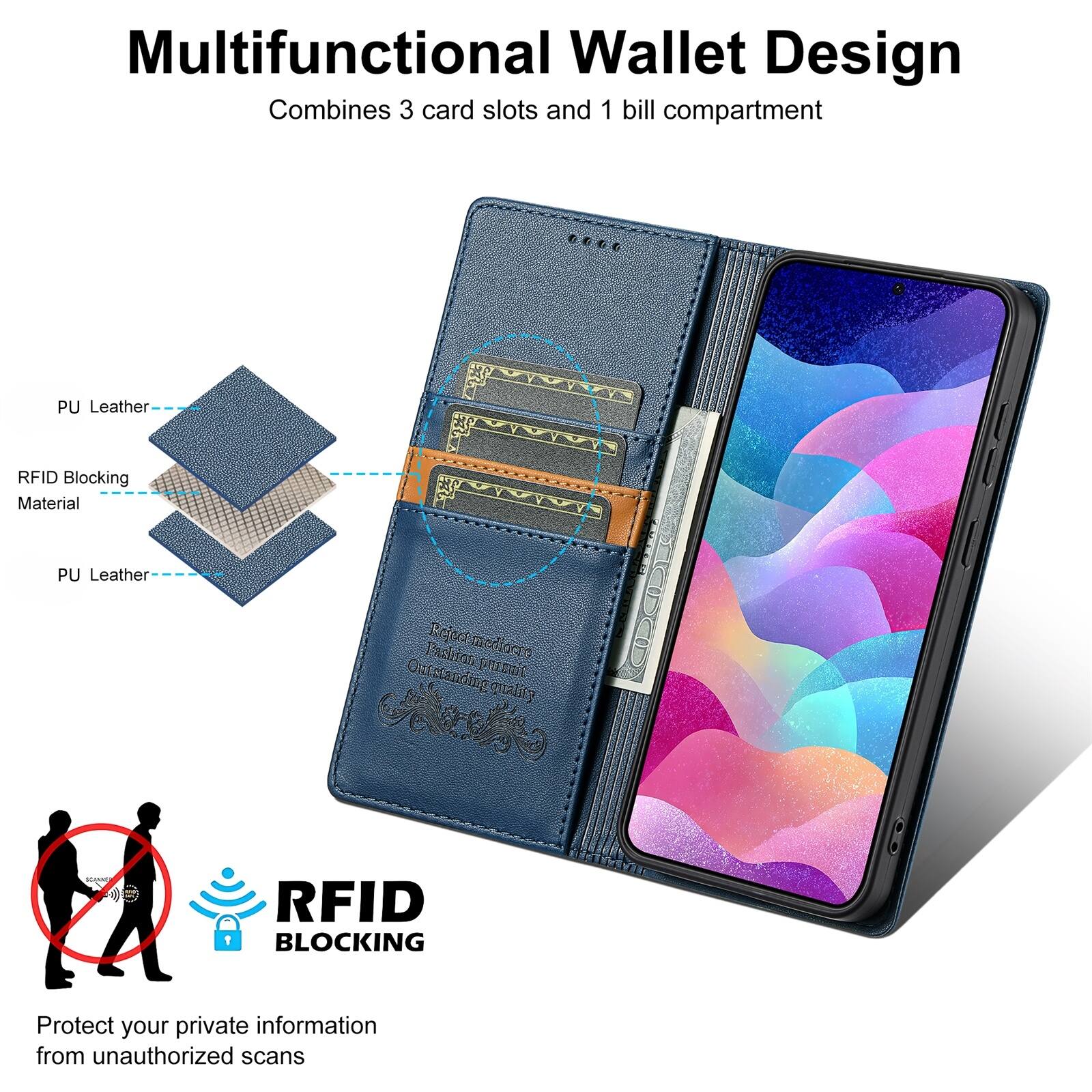 Multifunctional Wallet Design Combines 3 card slots and 1 bill compartment

PU Leather RFID Blocking Material

PU Leather

RFID BLOCKING

Protect your private information from unauthorized scans