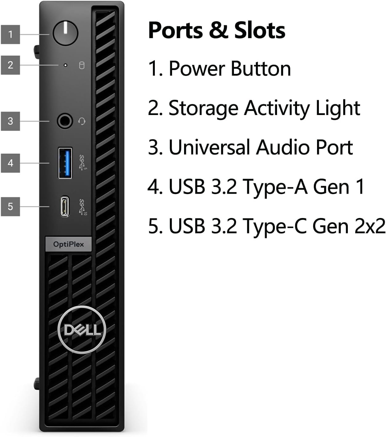 Ports & Slots

1. Power Button  
2. Storage Activity Light  
3. Universal Audio Port  
4. USB 3.2 Type-A Gen 1  
5. USB 3.2 Type-C Gen 2x2