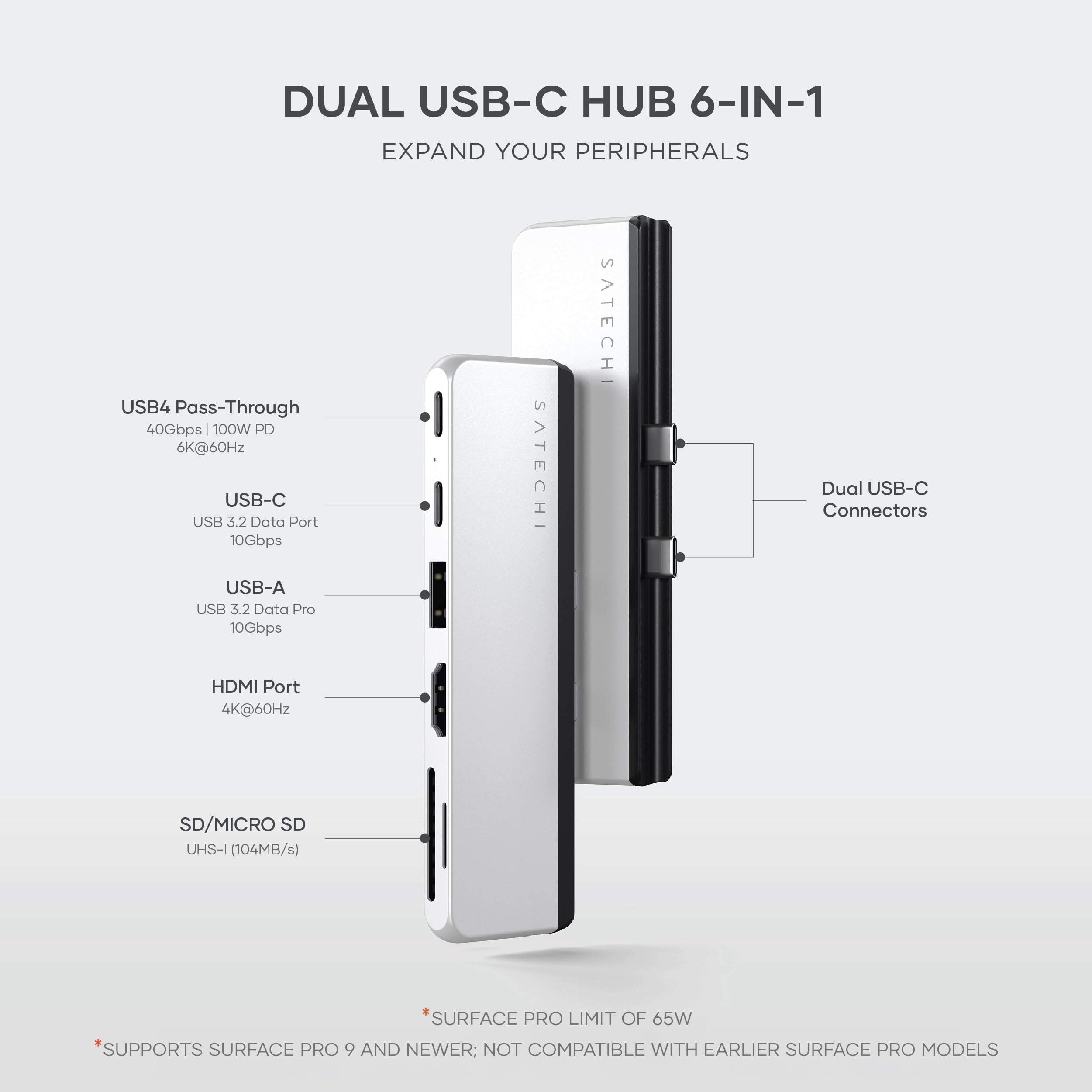 DUAL USB-C HUB 6-IN-1 EXPAND YOUR PERIPHERALS

USB4 Pass-Through 40Gbps | 100W PD 6K@60Hz

USB-C USB 3.2 Data Port 10Gbps

USB-A USB 3.2 Data Pro 10Gbps

HDMI Port 4K@60Hz

SD/MICRO SD UHS-I (104MB/s)

SATECHI Dual USB-C Connectors

*LIMIT OF 65W *SUPPORTS SURFACE PRO 9 AND NEWER; NOT COMPATIBLE WITH EARLIER SURFACE PRO MODELS