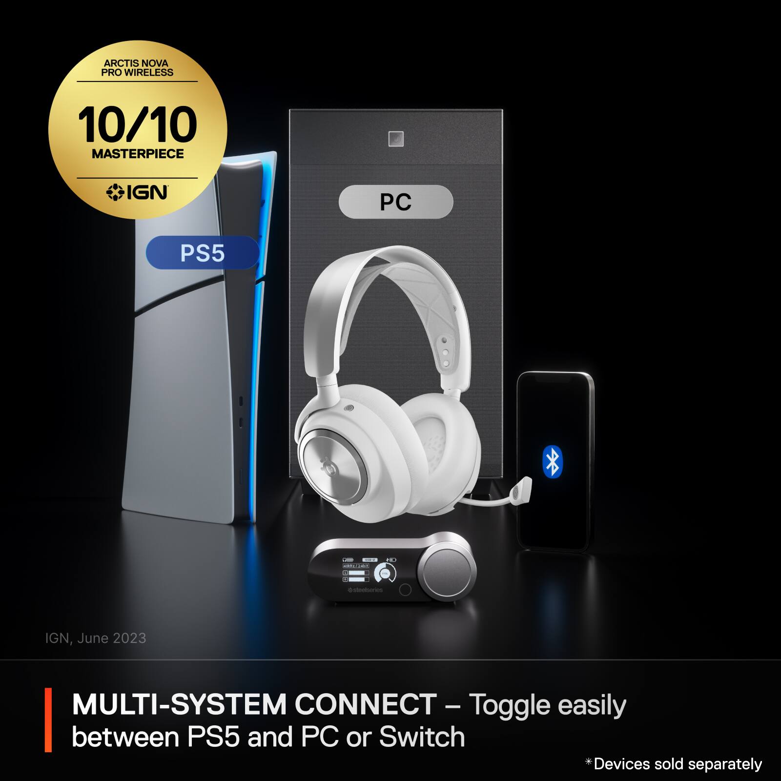 The image features a product advertisement for a multi-system connect device, which allows for easy toggling between PS5 and PC or Switch. The advertisement is from IGN, and the product is a wireless headset and controller. The image is set against a black background, and the headset and controller are displayed prominently. The advertisement is dated June 2023.