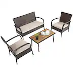 Front. Costway - Costway 4PCS Patio Rattan Furniture Set Outdoor Conversation Set Coffee Table w/Cushions - Brown.