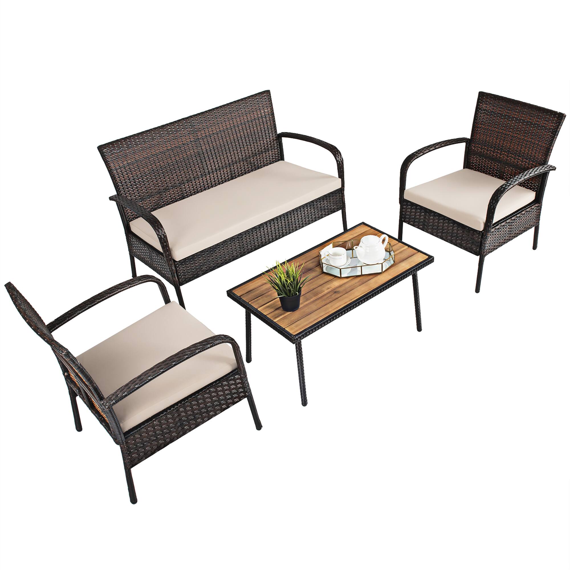 Front. Costway - Costway 4PCS Patio Rattan Furniture Set Outdoor Conversation Set Coffee Table w/Cushions - Brown.