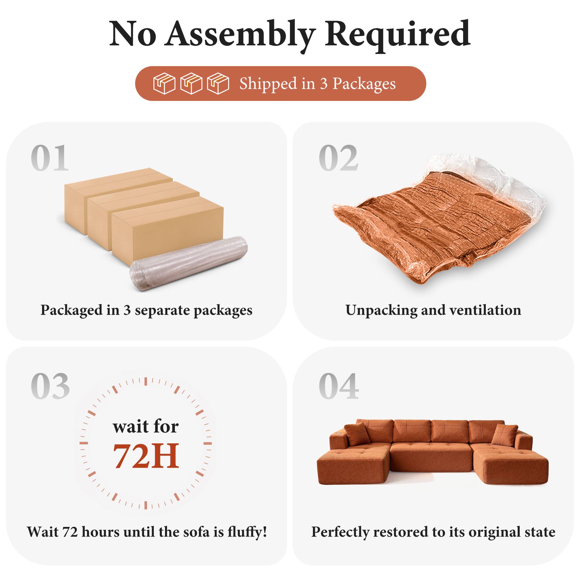 No Assembly Required

Shipped in 3 Packages

01  
Packaged in 3 separate packages

02  
Unpacking and ventilation

03  
wait for 72H  
Wait 72 hours until the sofa is fluffy!

04  
Perfectly restored to its original state