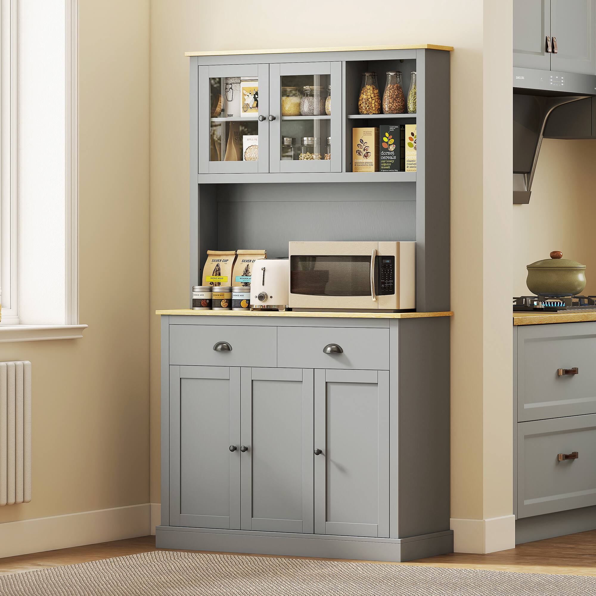 Alt View 1. Homcom - Kitchen Cabinet, 71" Tall Pantry Cabinet, Modern Hutch with Wide Countertop - Gray.