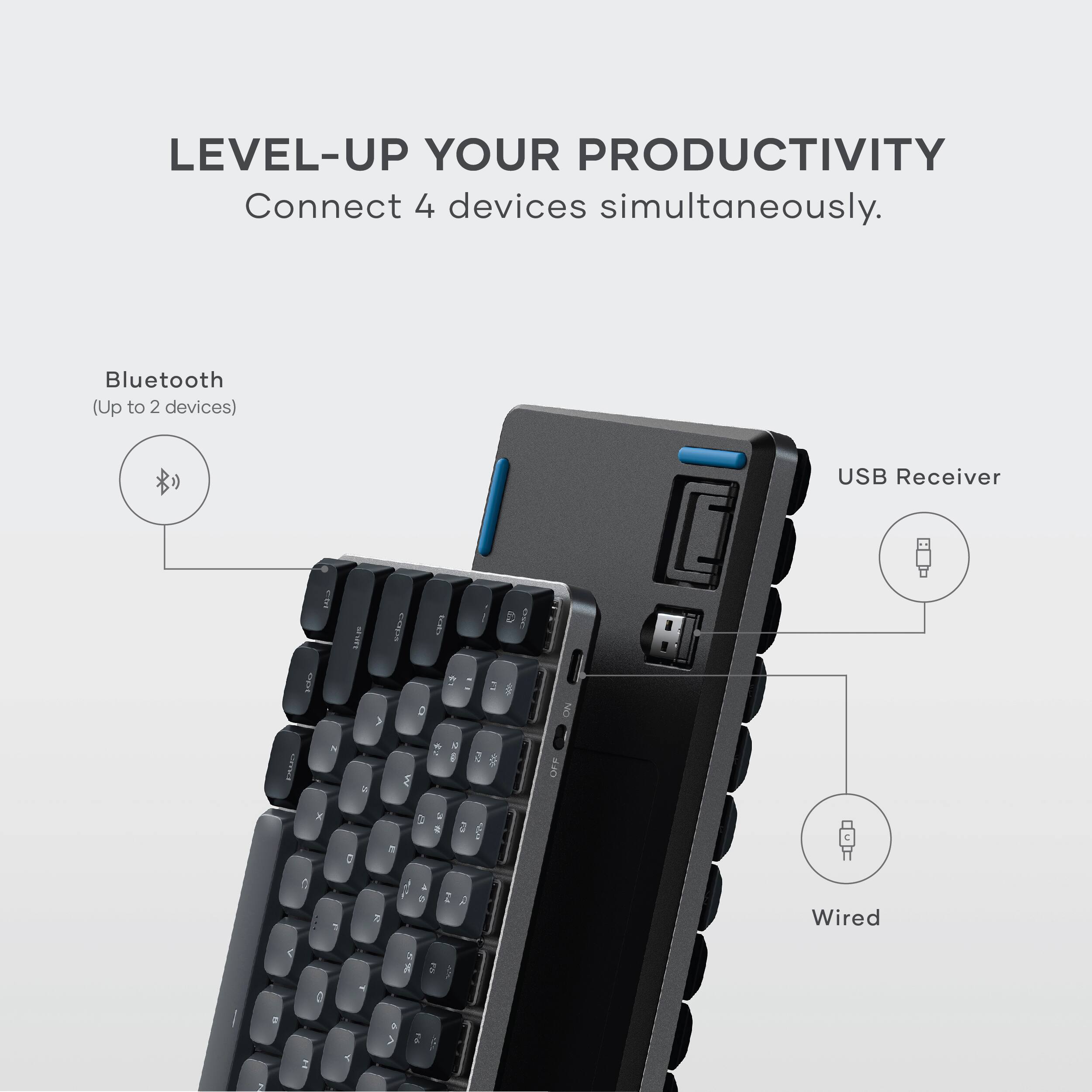 LEVEL-UP YOUR PRODUCTIVITY  
Connect 4 devices simultaneously.

Bluetooth  
(Up to 2 devices)

USB Receiver

Wired