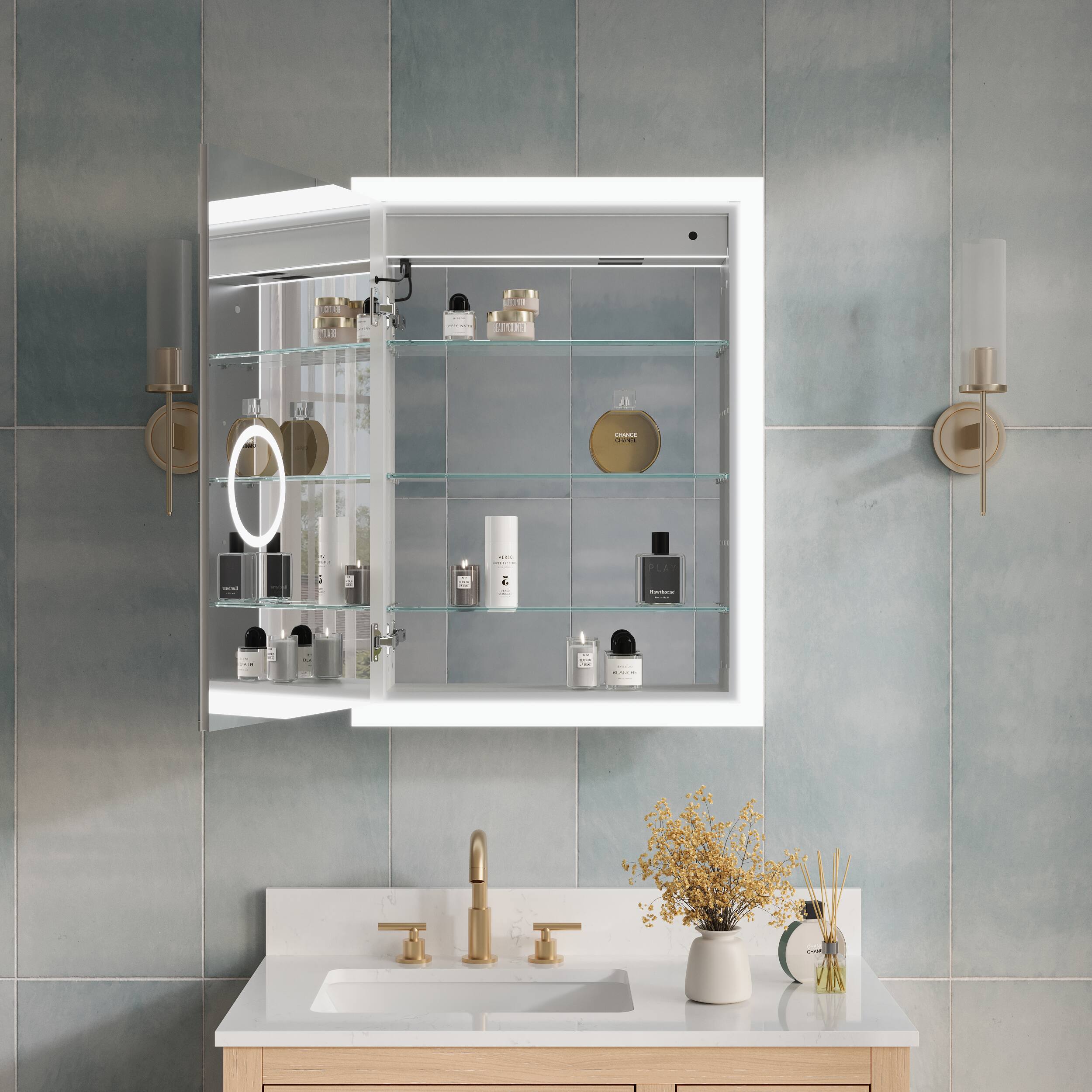 Left. WELLFOR - 24 in. W x 32 in. H Rectangular Surface or Recessed Mount Aluminum Medicine Cabinet with Mirror and Lighted-Left Open - Silver.
