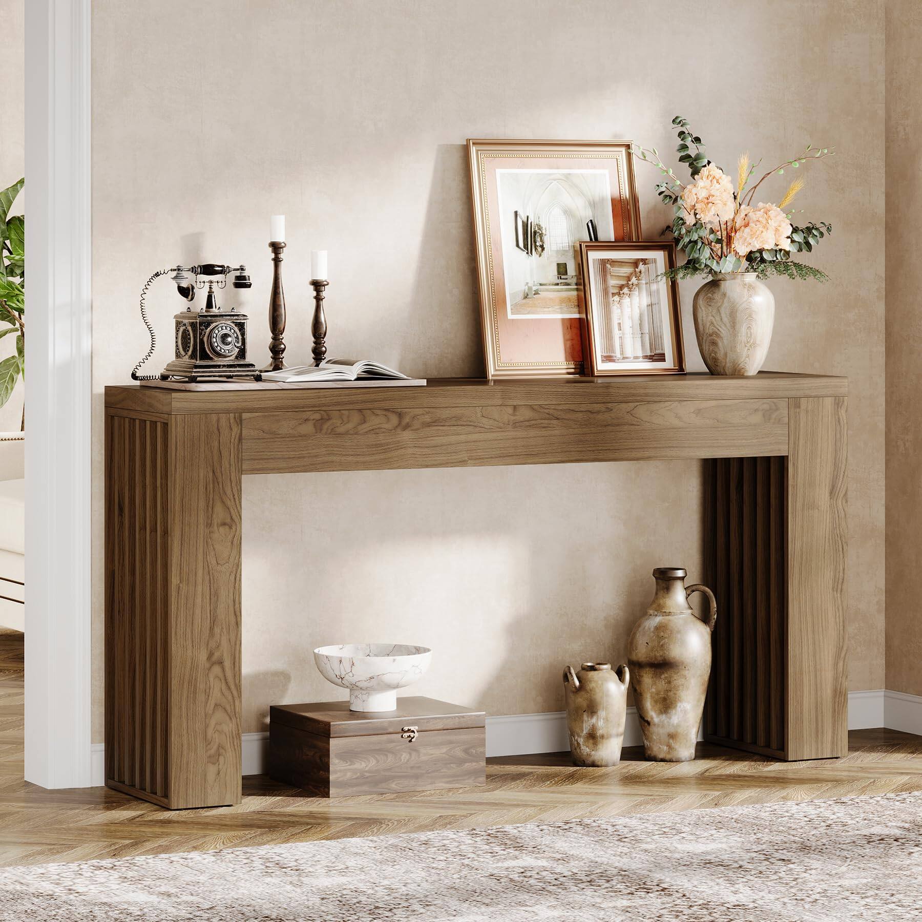 Left. Tribesigns - 59-Inch Console Table for Living Room, Farmhouse Entryway Table with Vertical Slat Legs, Wooden Rectangular Sofa Tables - Rustic Brown.