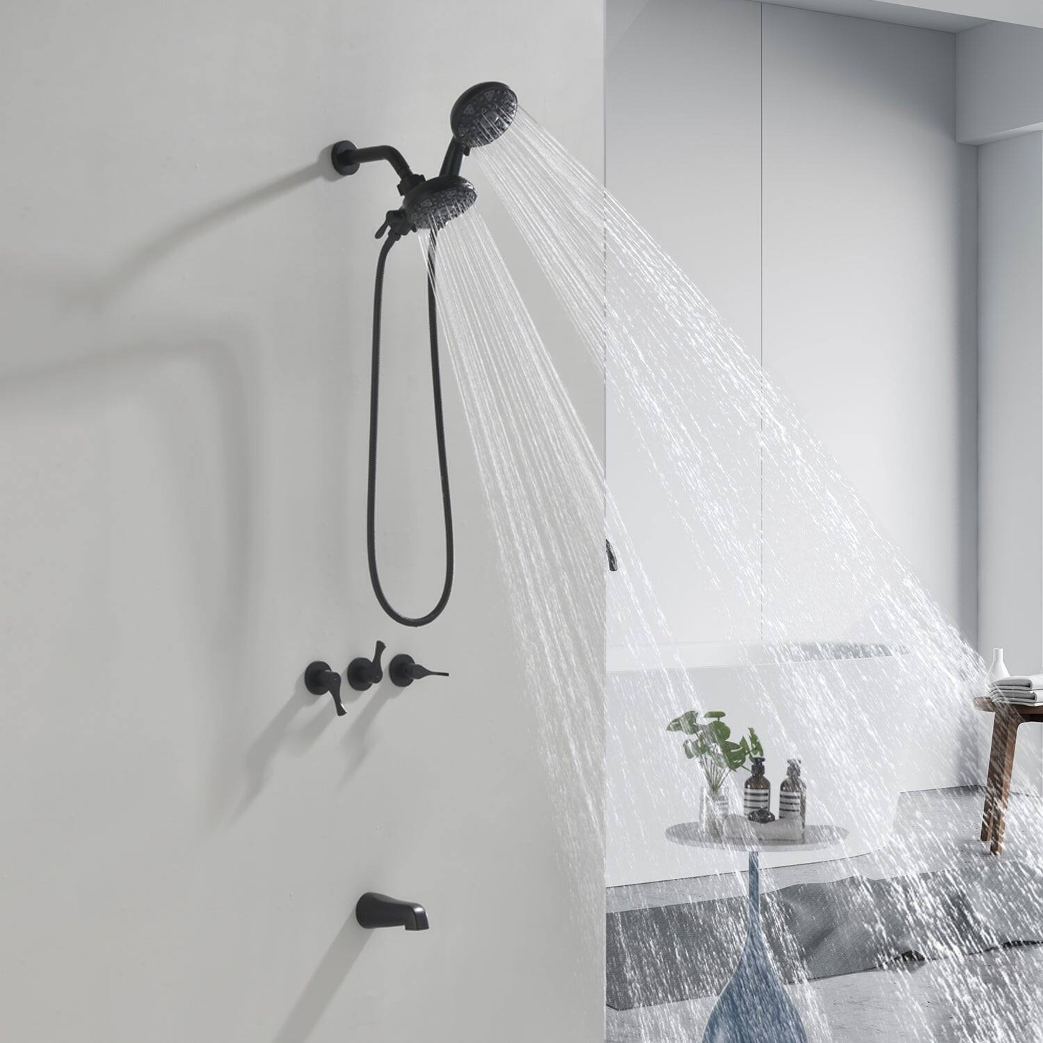 Alt View 3. Boyel Living - Matte Black Shower Set with Triple Handle Control 6 Function Dual Shower Heads and High Flow Tub Spout - Matte Black.