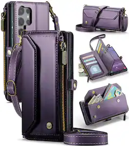 Dteck - Crossbody Wallet Case for Samsung Galaxy S25 Ultra with Card Slots and Zipper Pocket, RFID Blocking PU Leather Cover - Purple