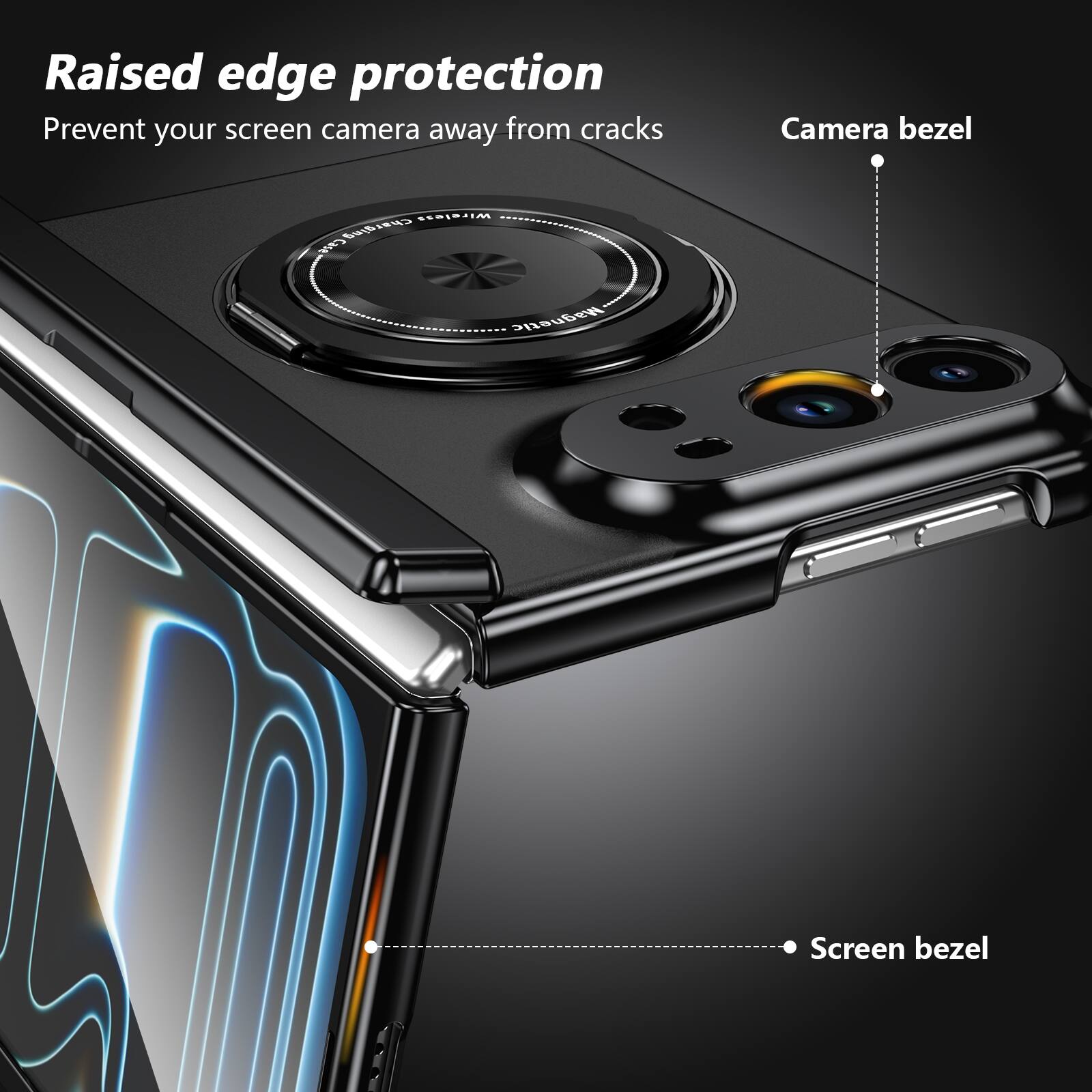 Raised edge protection  
Prevent your screen camera away from cracks  
Camera bezel  
Wireless Case Charging Magnetic  
Screen bezel