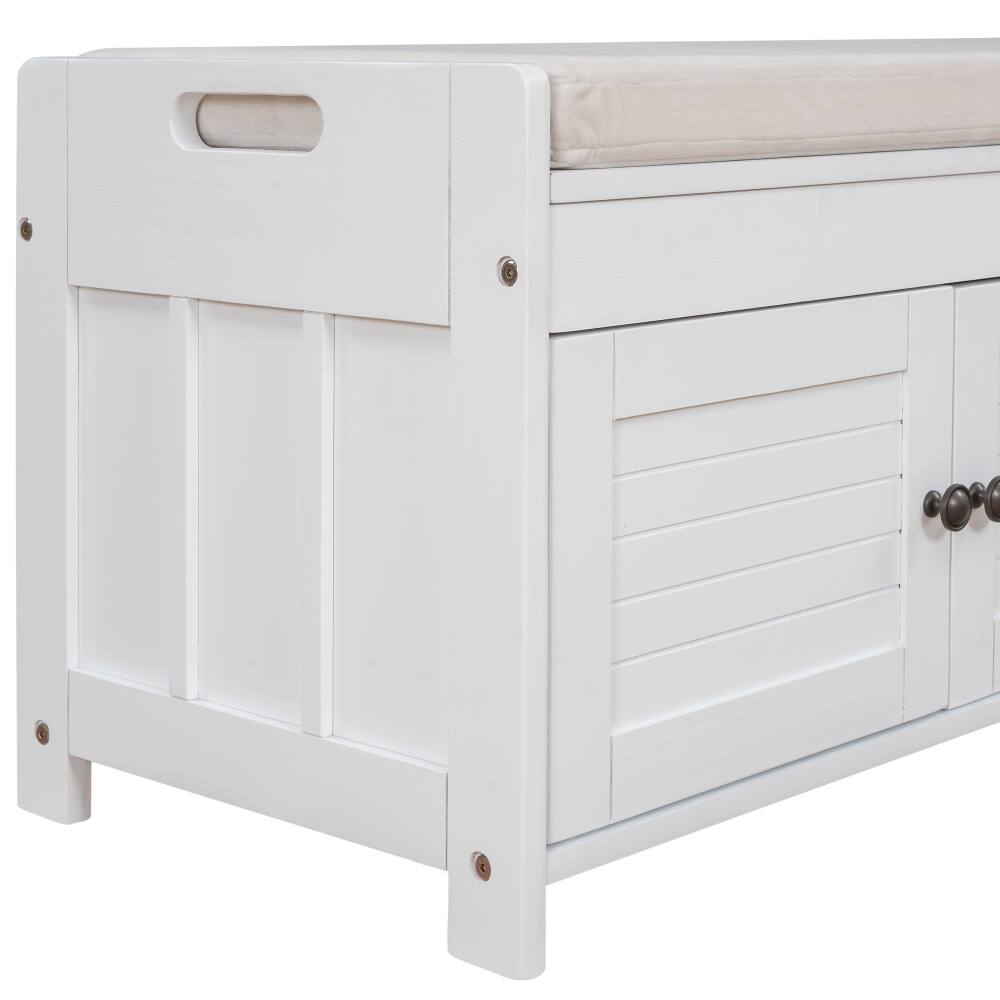 Alt View 2. Ropilly - Ropilly White Storage Bench with Cushion and Shutter Doors, Entryway Shoe Bench with Hidden Storage, 43.5 Inch - White.
