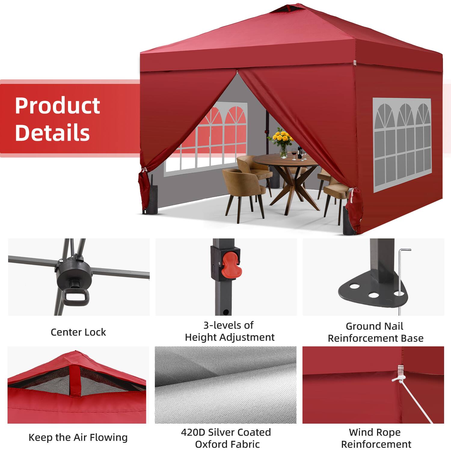 Product Details

- Center Lock
- 3-levels of Height Adjustment
- Ground Nail Reinforcement Base
- Keep the Air Flowing
- 420D Silver Coated Oxford Fabric
- Wind Rope Reinforcement