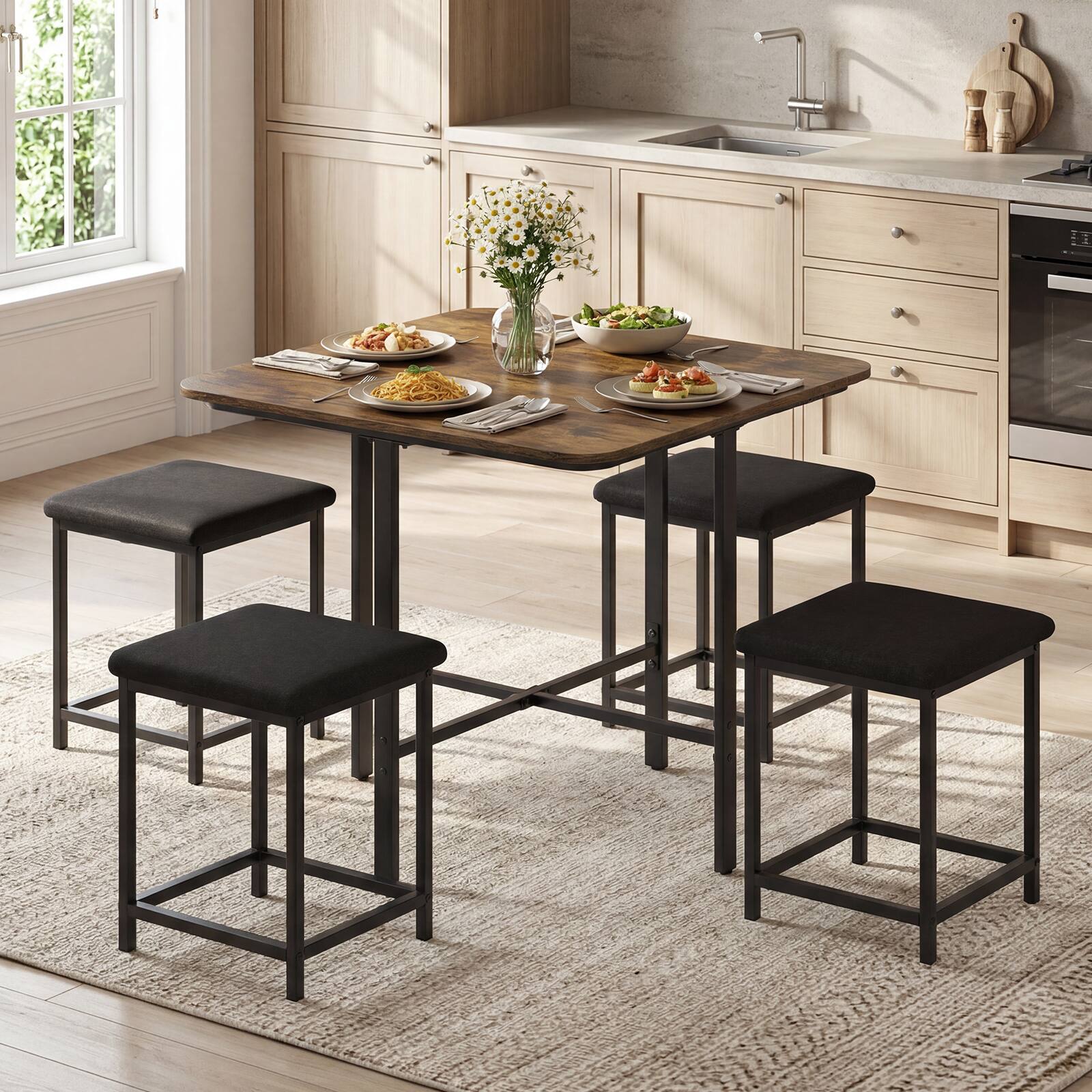 Alt View 1. Gymax - Gymax Kitchen Table w/4 Upholstered Stools Kitchen Dining Set w/Footrests Metal Frame Rustic Brown & Black - Brown.