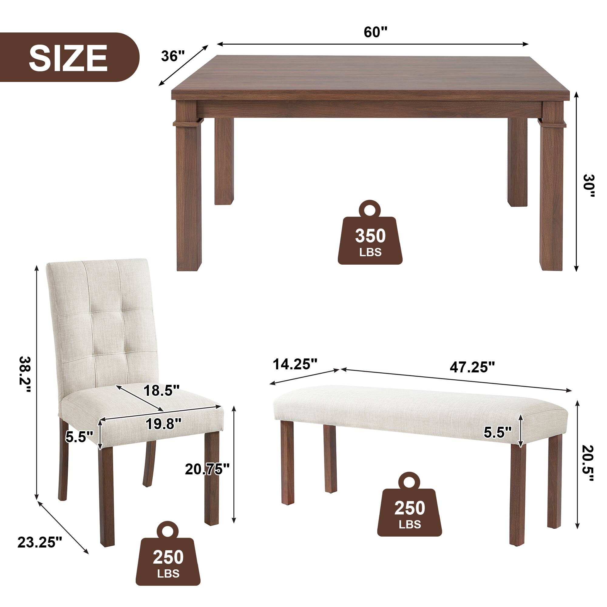 - Table: 60" x 36" x 30"
- Weight Capacity: 350 LBS
- Chair: 38.2" H x 18.5" W x 23.25" D
- Weight Capacity: 250 LBS
- Bench: 47.25" L x 14.25" W x 5.5" H
- Weight Capacity: 250 LBS