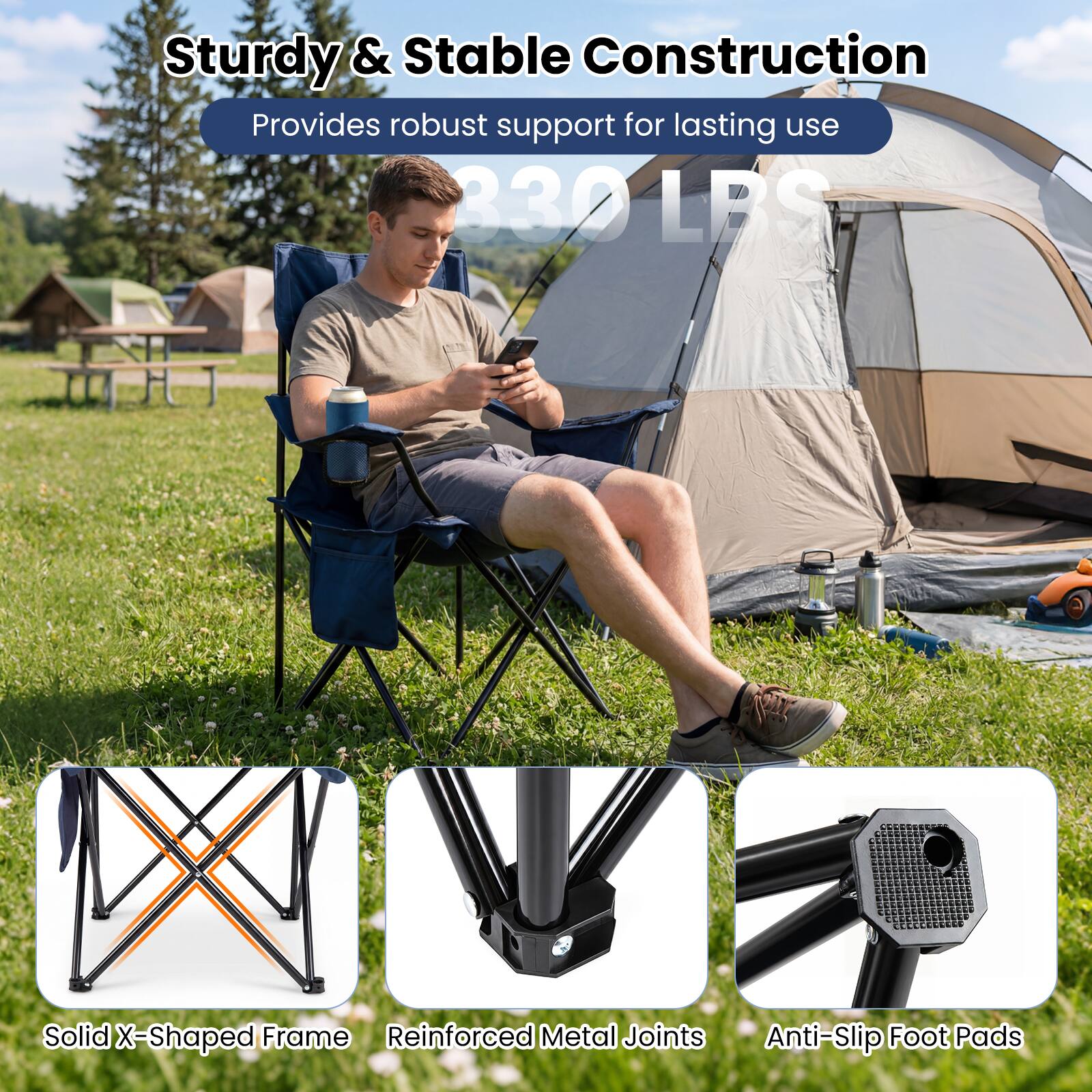 Sturdy & Stable Construction  
Provides robust support for lasting use  
830 LBS  
Solid X-Shaped Frame  
Reinforced Metal Joints  
Anti-Slip Foot Pads