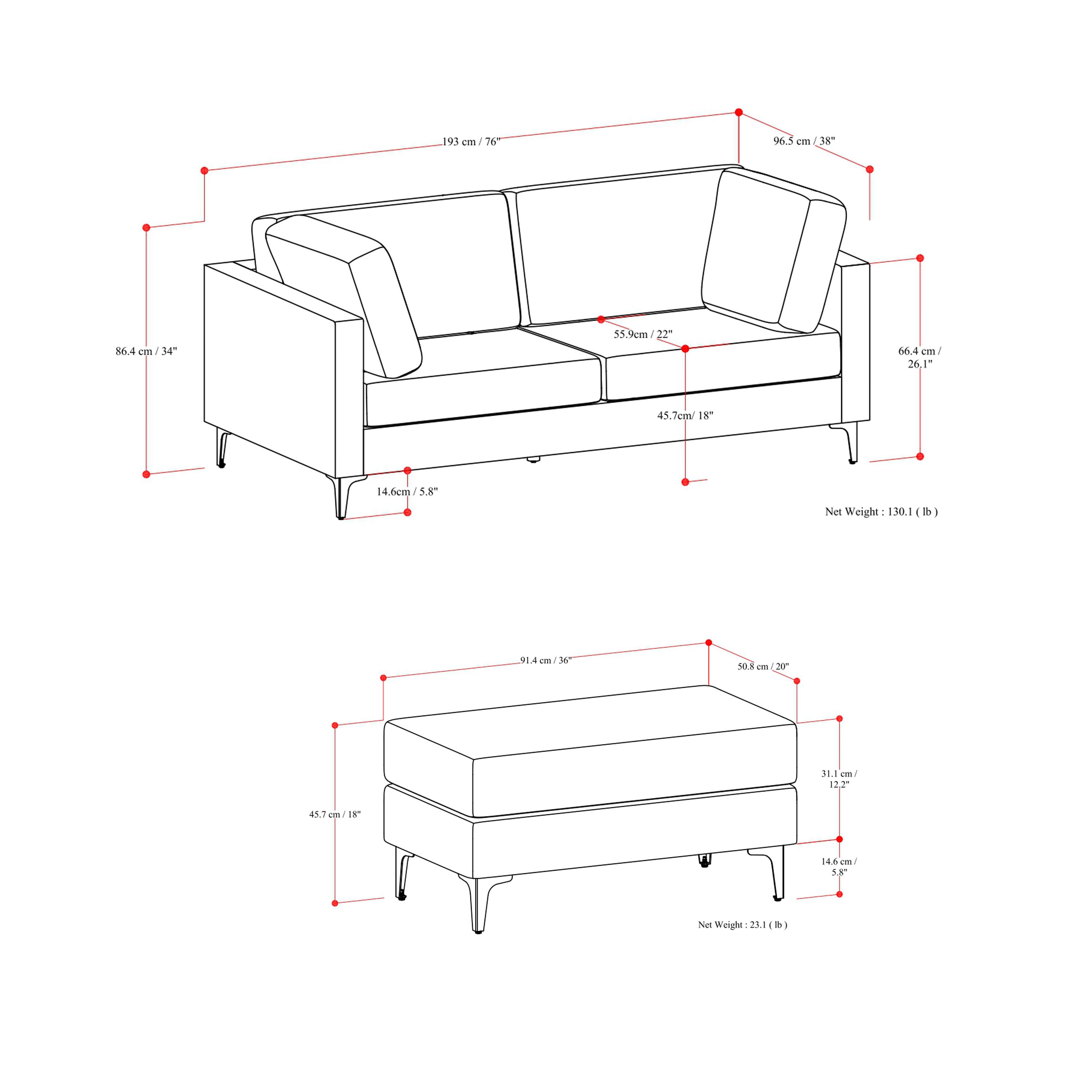 Sure, here is the corrected and grouped text from the image:

**Sofa:**
- Height: 96.5 cm / 38"
- Width: 193 cm / 76"
- Depth: 55.9 cm / 22"
- Armrest Height: 66.4 cm / 26.1"
- Seat Height: 45.7 cm / 18"
- Seat Depth: 45.7 cm / 18"
- Net Weight: 130.1 lb

**Ottoman:**
- Height: 50.8 cm / 20"
- Width: 91.4 cm / 36"
- Depth: 31.1 cm / 12.2"
- Seat Height: 14.6 cm / 5.8"
- Net Weight: 23.1 lb