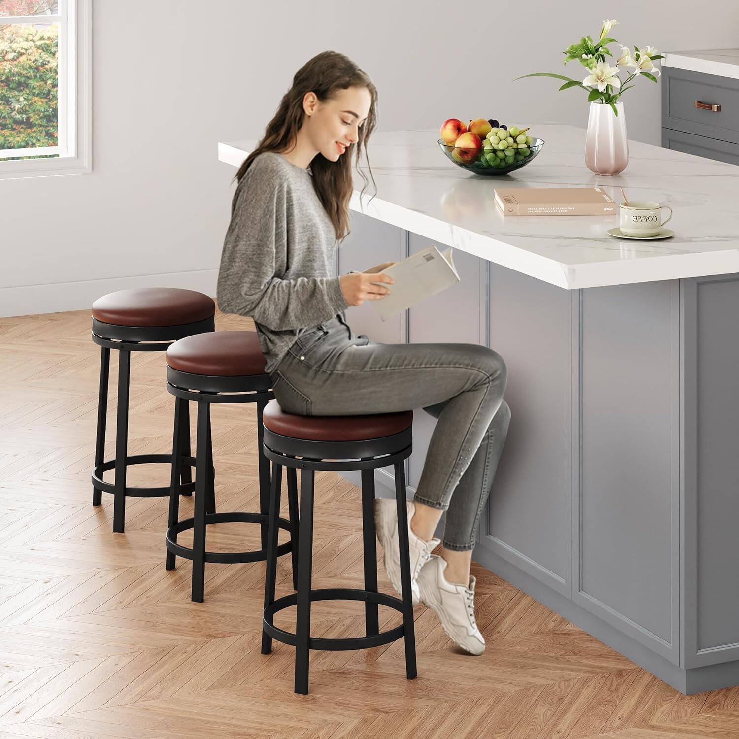 Back. GARVEE - 24" Swivel Bar Stools Set of 4 with Footrest, Modern Counter Height Barstools with PU Leather Upholstered, Brown - Brown.