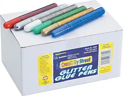 No. 3380
Stock 10cc Pens 72-10cc Assorted Colors
Creativity Street
Glitter Glue Pens
Age 3 and up
WARNING: CHOKING HAZARD - Small parts. Not for children under 3 years.
Made in China