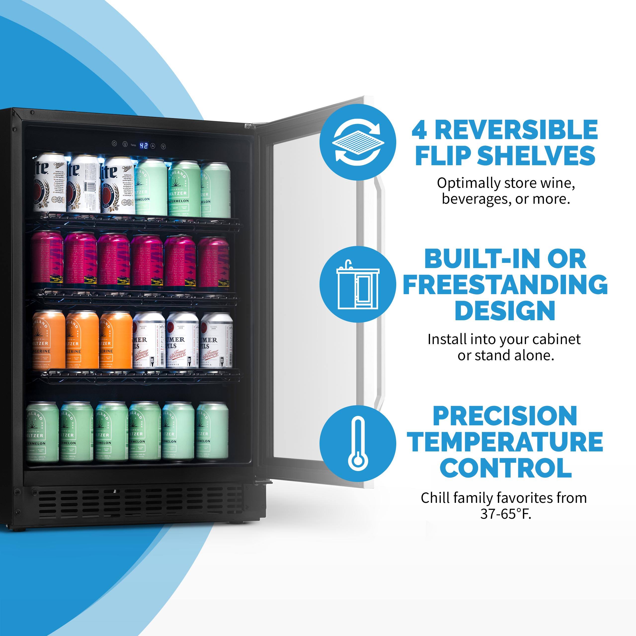 The text on the image is grouped and corrected as follows:

1. 4 Reversible Flip Shelves: Optimally store wine, beverages, or more.
2. Built-in or Freestanding Design: Install into your cabinet or stand alone.
3. Precision Temperature Control: Chill family favorites from 37-65F.