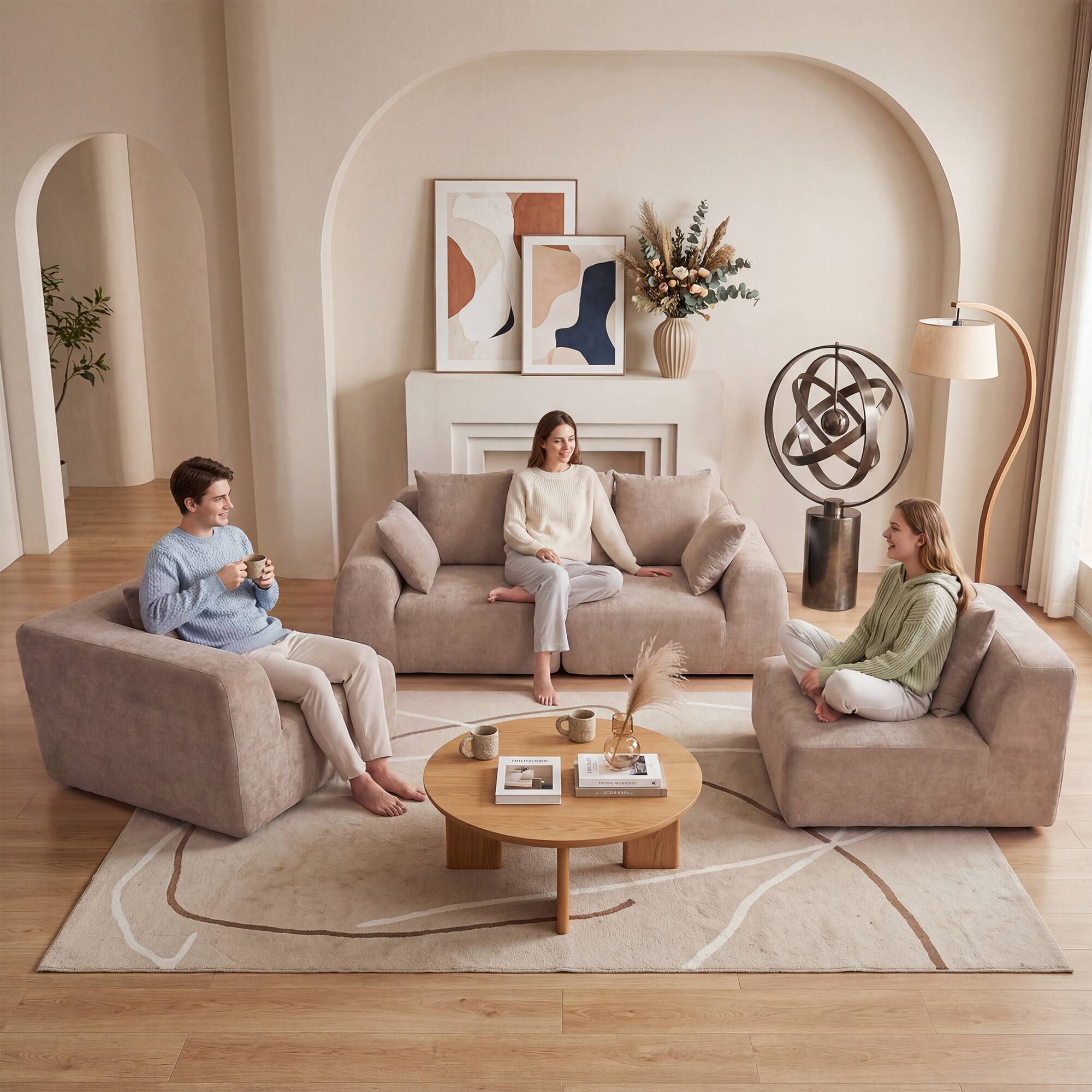 Left. Anysun - Oversized Cloud Velvet Curved Sectional Couch – 118" Boneless Couch with L-Shape Chaise, Upholstered Compression - Beige.