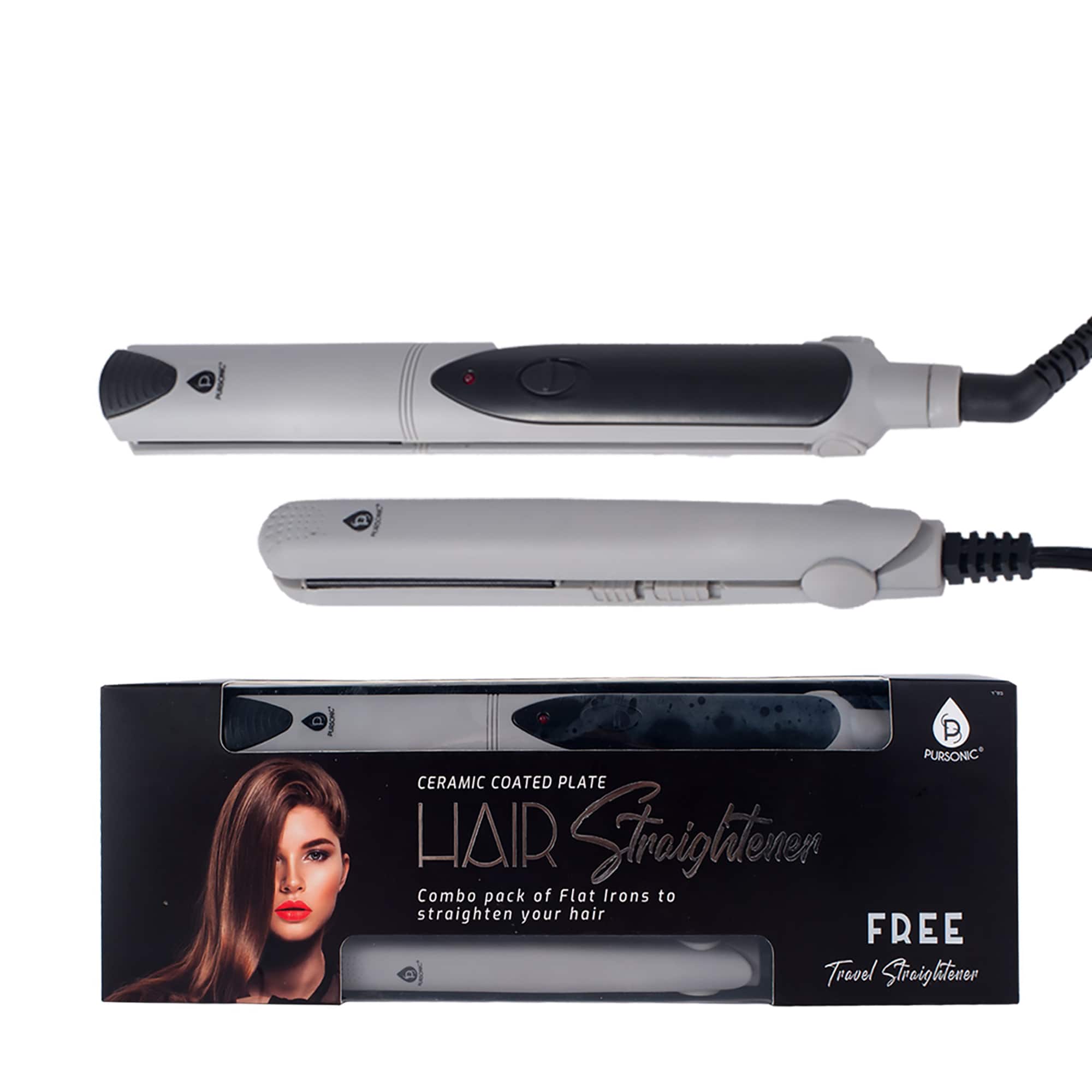 Pursonic - Professional Salon Quality Flat Iron Hair Straightener With A Free Travel Straightener - Silver