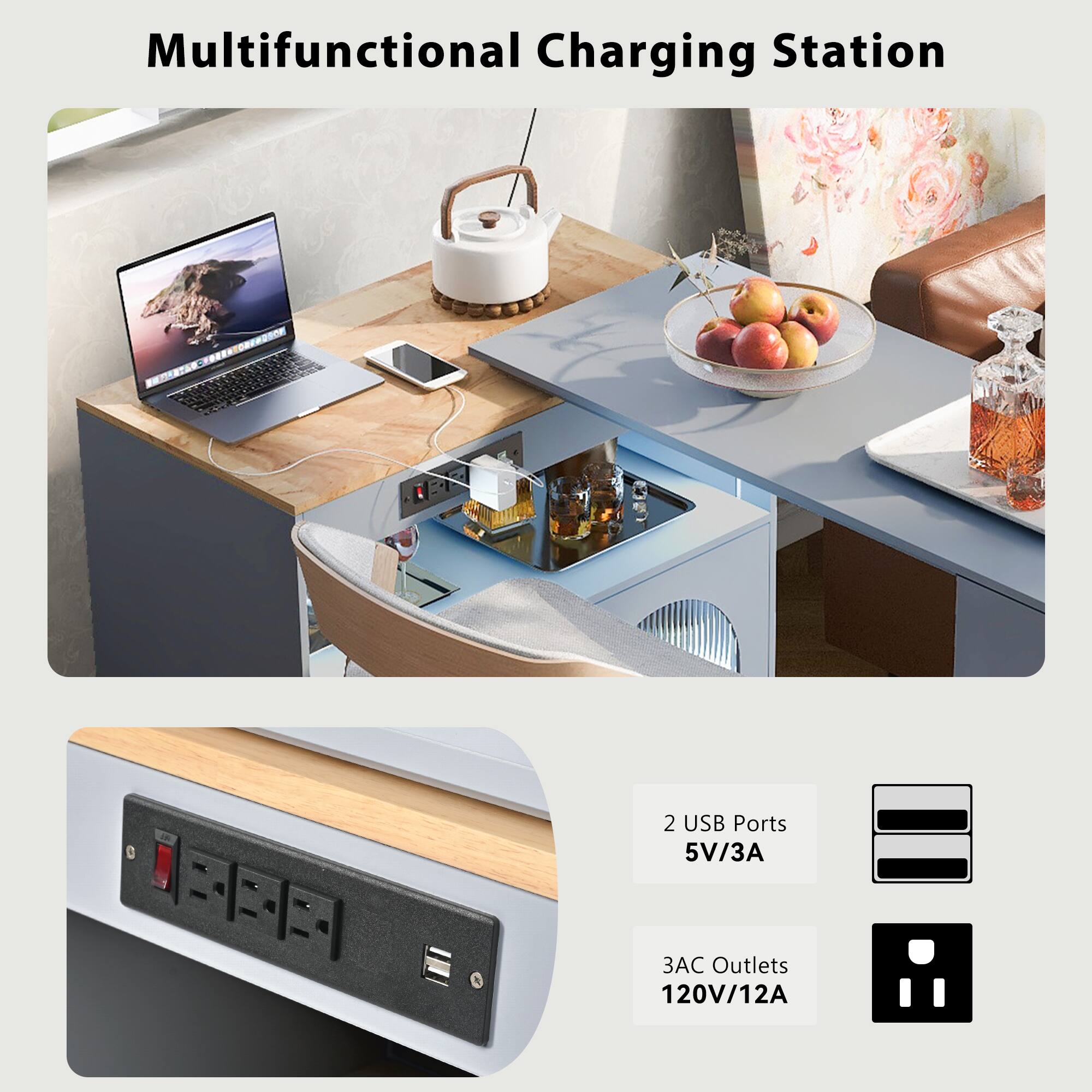 Multifunctional Charging Station

- 2 USB Ports
  - 5V/3A

- 3 AC Outlets
  - 120V/12A