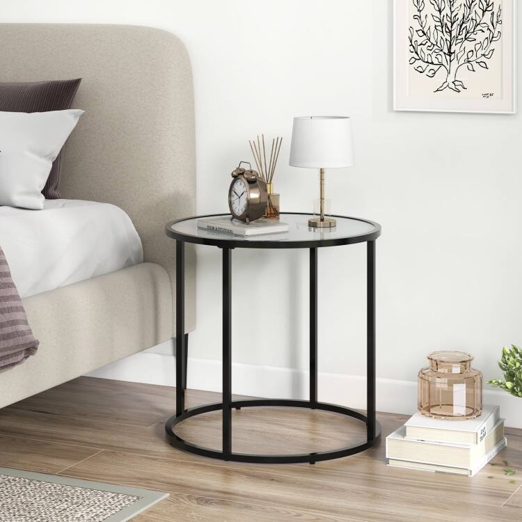 Back. SlickBlue - Glass End Table with Metal Frame and Faux Marble Top, Modern Living Room Accent Table - Black.