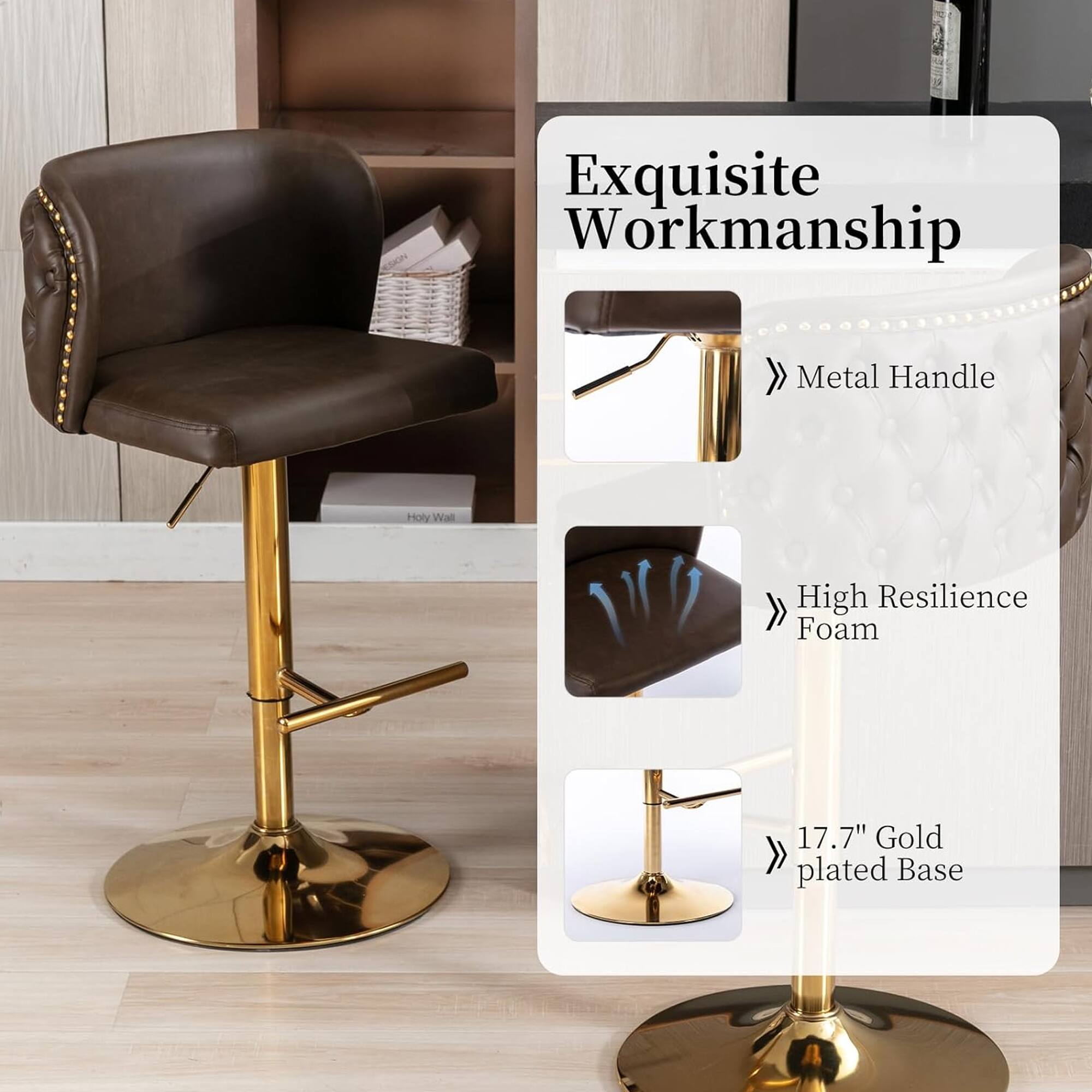 Exquisite Workmanship

- Metal Handle
- High Resilience Foam
- 17.7" Gold Plated Base