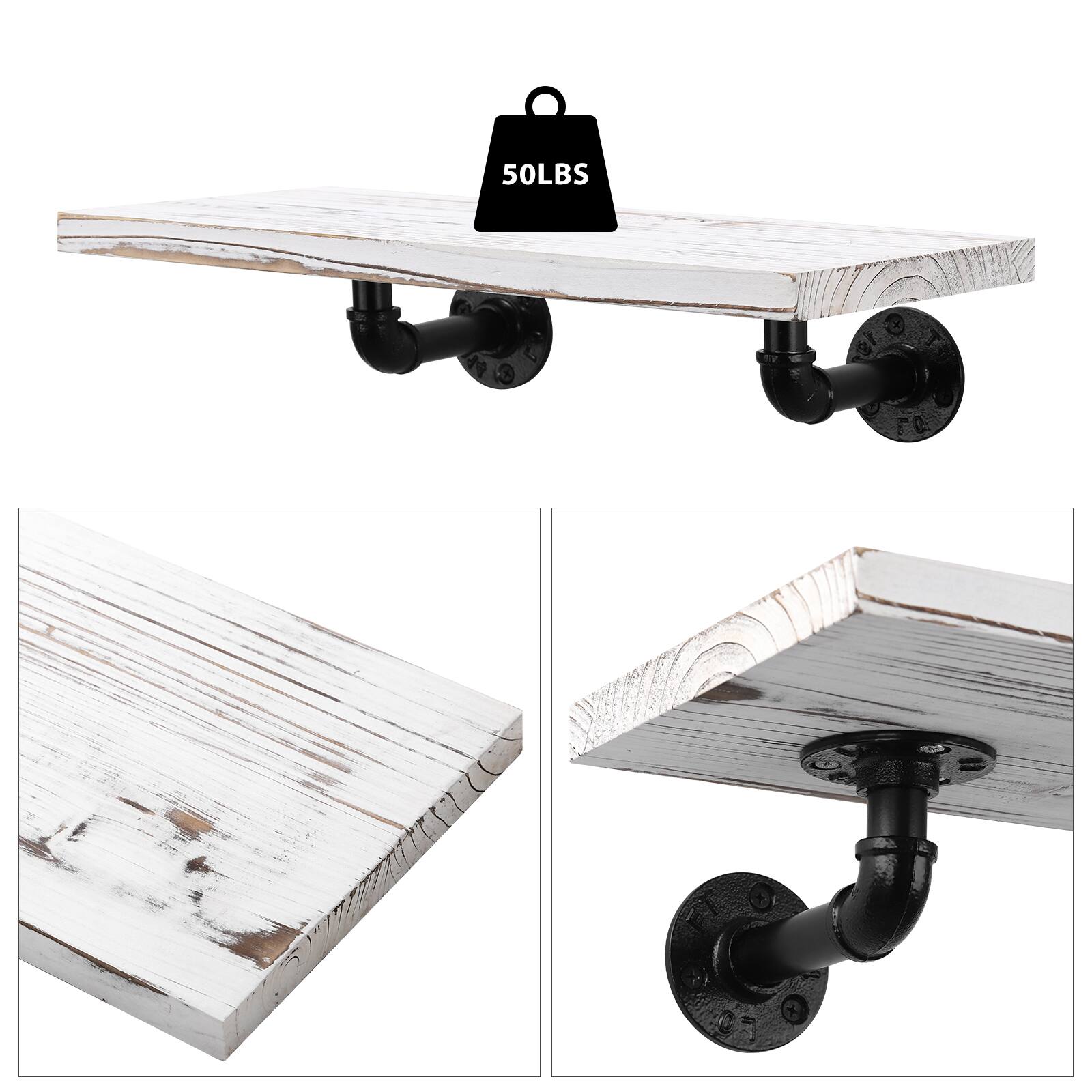 Left. Oumilen - Set of 2 Whitewashed Floating Shelves with Industrial Pipe Brackets - Whitewashed.