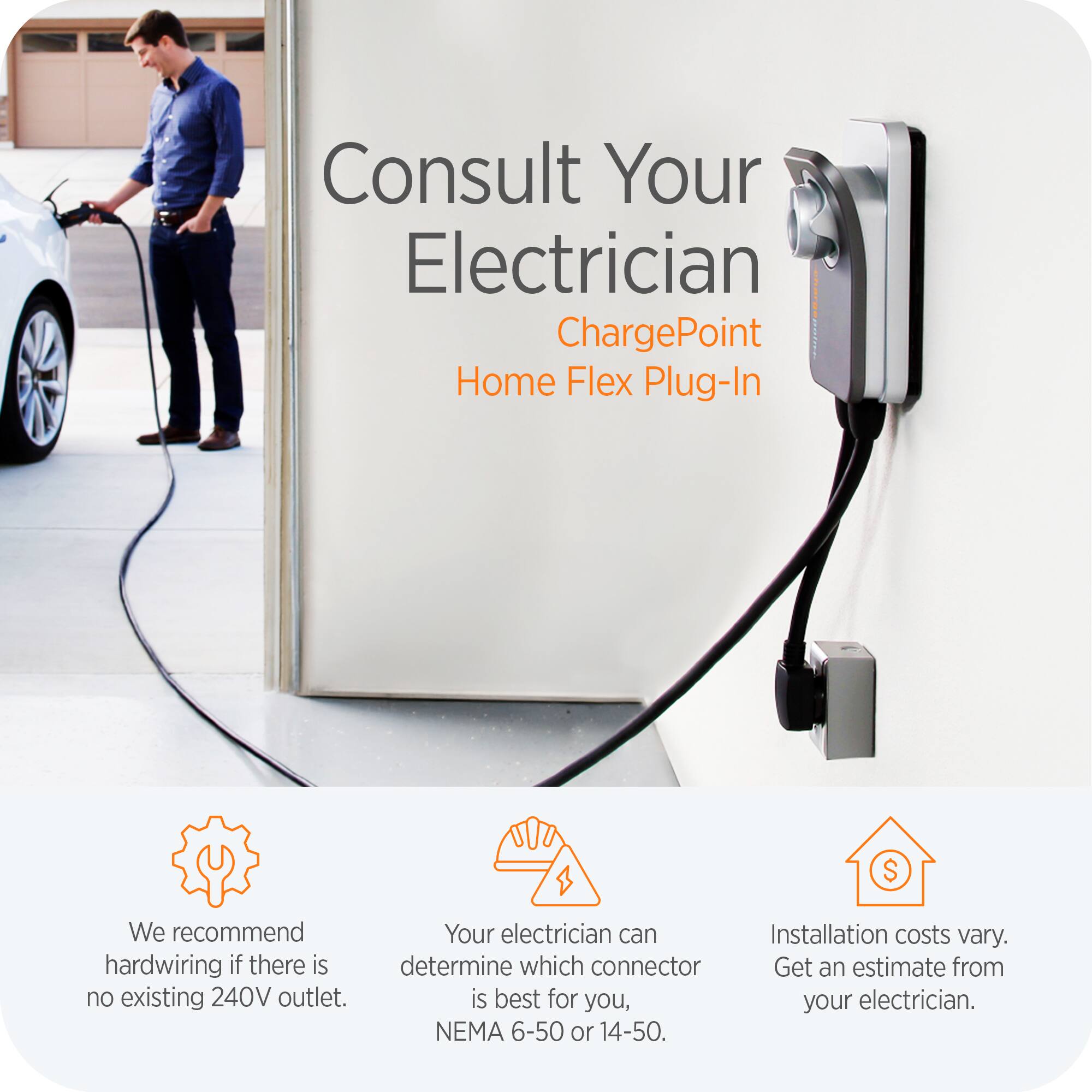 Consult Your Electrician  
ChargePoint Home Flex Plug-In  

We recommend hardwiring if there is no existing 240V outlet.  
Your electrician can determine which connector is best for you, NEMA 6-50 or 14-50.  
Installation costs vary. Get an estimate from your electrician.