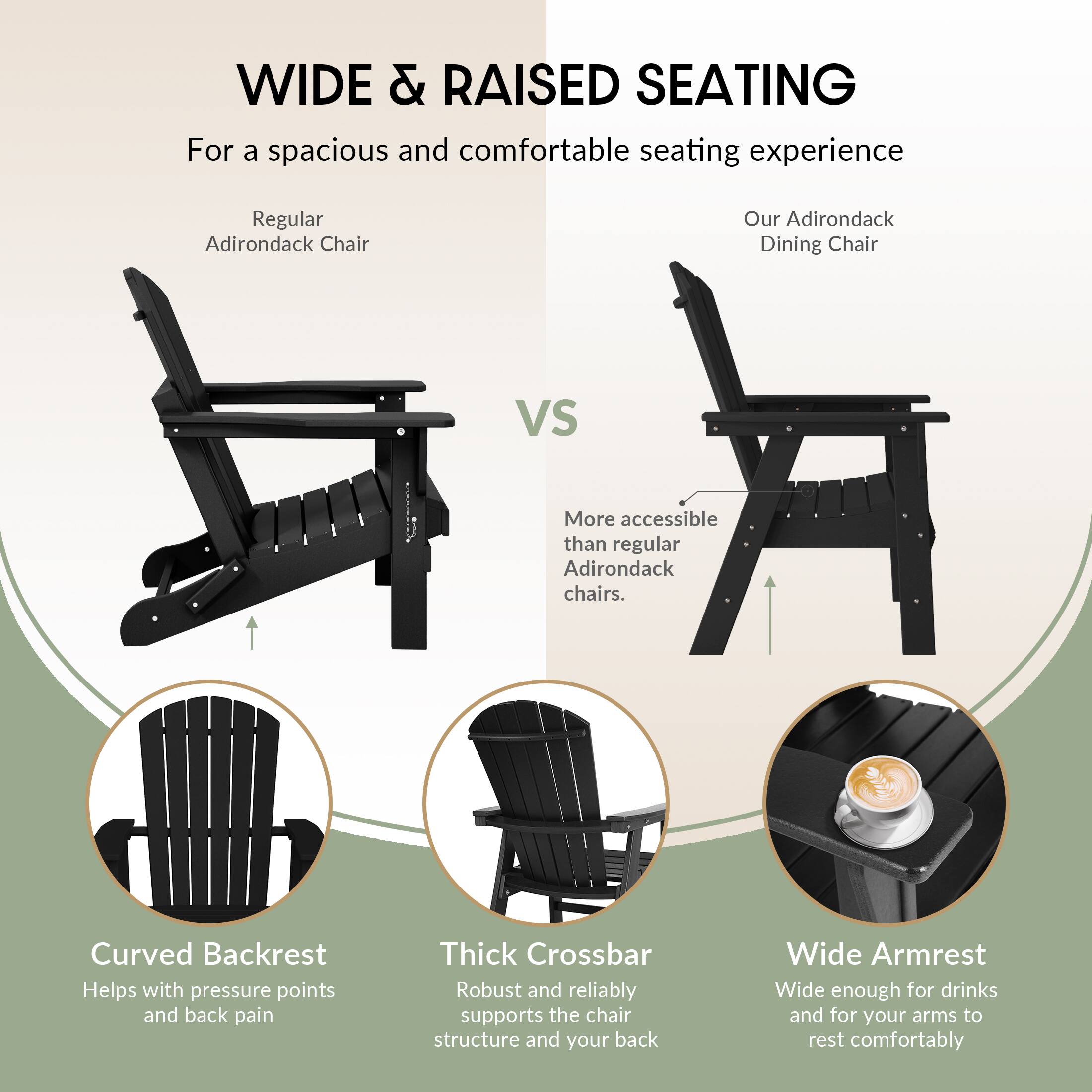 WIDE & RAISED SEATING  
For a spacious and comfortable seating experience

Regular Adirondack Chair  
VS  
Our Adirondack Dining Chair

- More accessible than regular Adirondack chairs.

- Curved Backrest  
  Helps with pressure points and back pain

- Thick Crossbar  
  Robust and reliably supports the chair structure and your back

- Wide Armrest  
  Wide enough for drinks and for your arms to rest comfortably