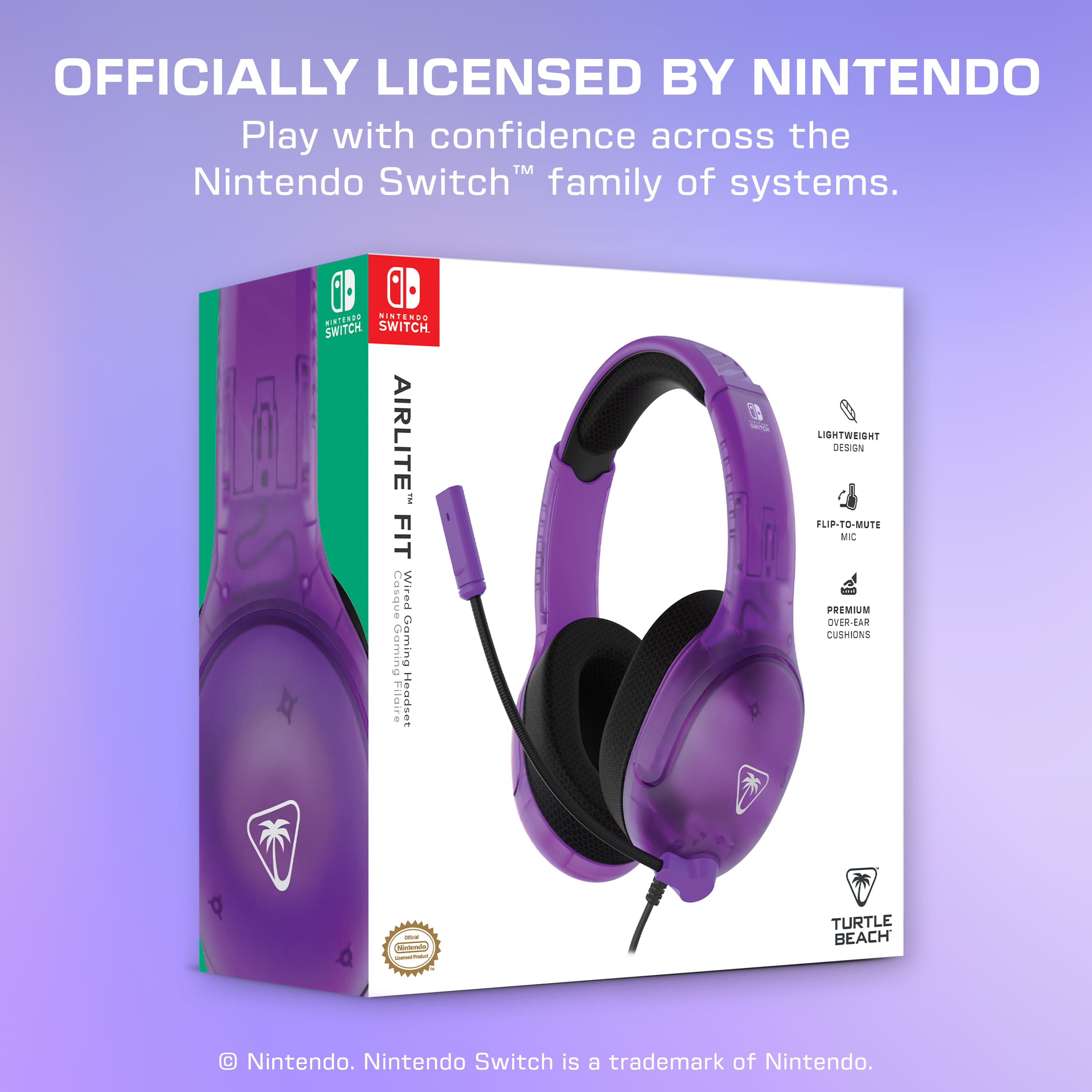 The image features a purple Nintendo Switch headset, which is officially licensed by Nintendo. The headset is designed to work with the Nintendo Switch family of systems, providing users with a comfortable and high-quality gaming experience. The headset is lightweight and comes with a flip-to-mute mic, ensuring clear communication during gameplay. The headset is equipped with premium over-ear cushions for added comfort, and it is compatible with the Nintendo Switch gaming system.
