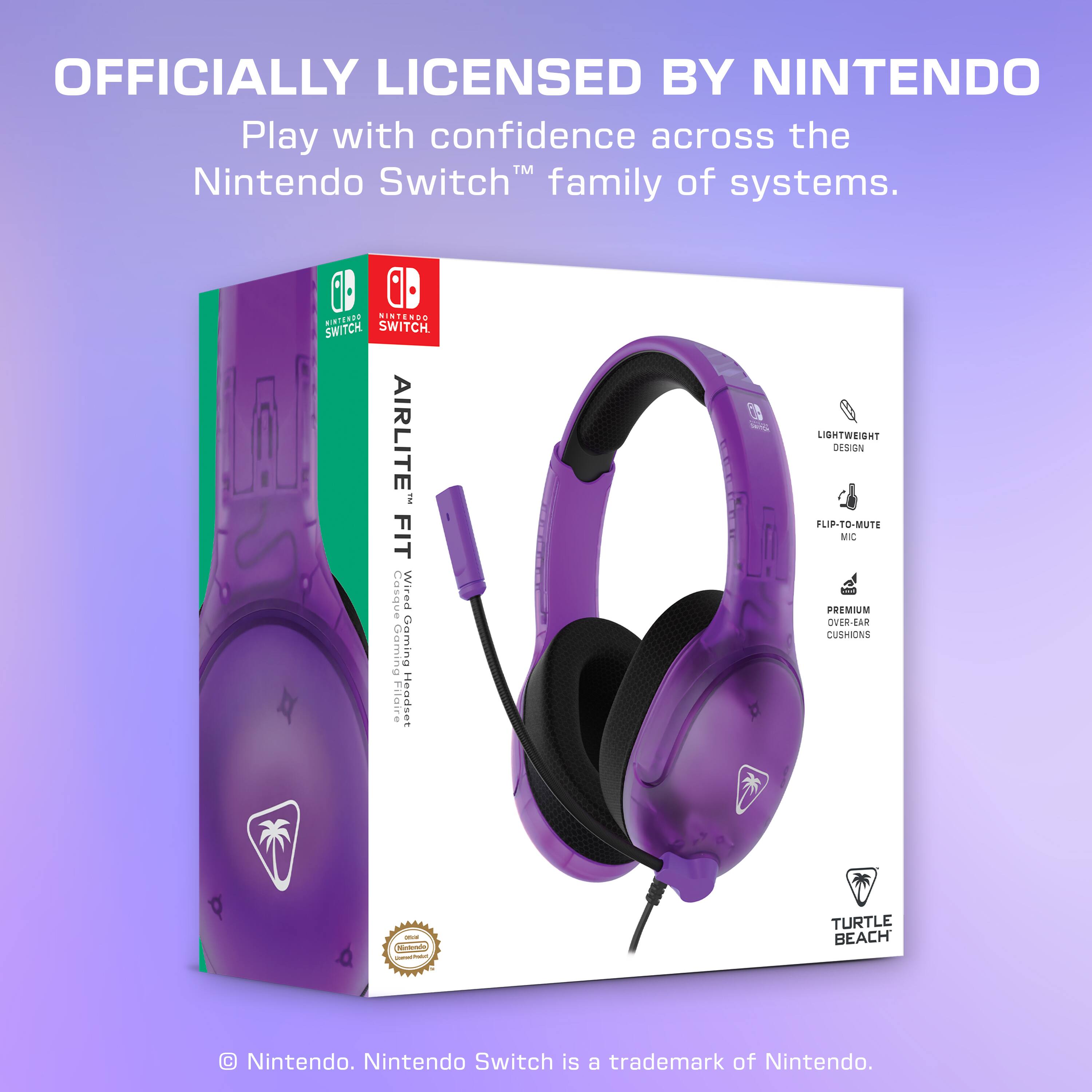 The image features a purple Nintendo Switch headset, which is officially licensed by Nintendo. The headset is designed to work with the Nintendo Switch family of systems, providing users with a comfortable and high-quality gaming experience. The headset is lightweight and comes with a flip-to-mute mic, ensuring clear communication during gameplay. The headset is equipped with premium over-ear cushions for added comfort, and it is compatible with the Nintendo Switch gaming system.