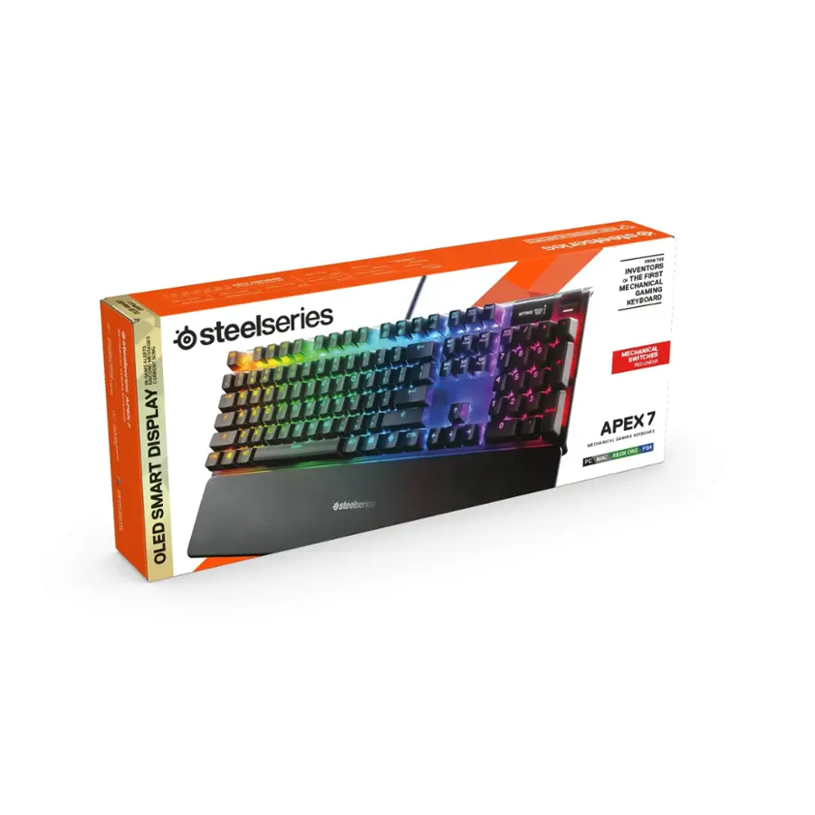 The text on the image reads: "steelseries OLED Display Smart Gaming Keyboard Apex 7".
