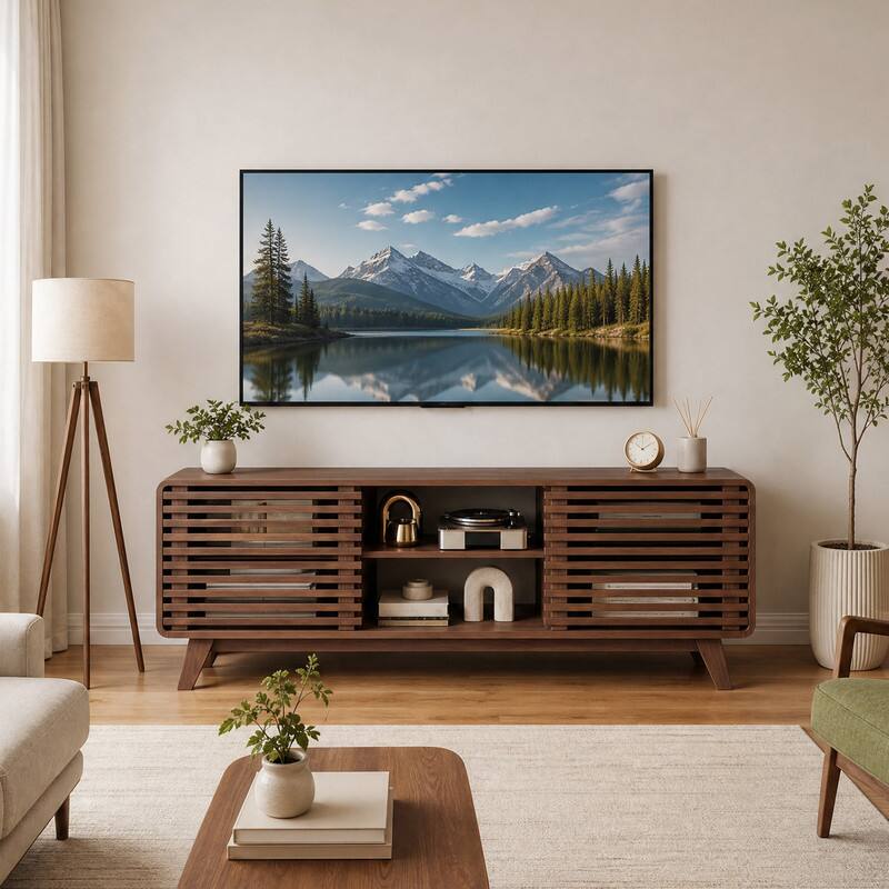 Angle. WELLFOR - Mid Century Modern TV Stand for TVs up to 65",Entertainment Center with Sliding Doors & Adjustable Shelves - Walnut.