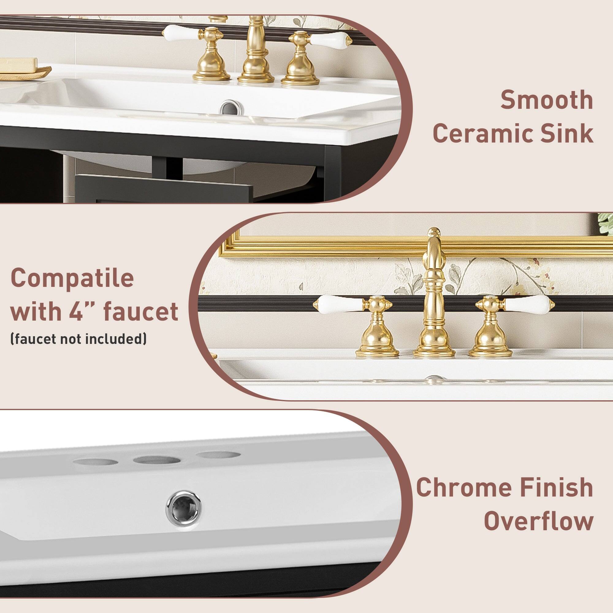 Smooth Ceramic Sink  
Compatible with 4" faucet (faucet not included)  
Chrome Finish Overflow