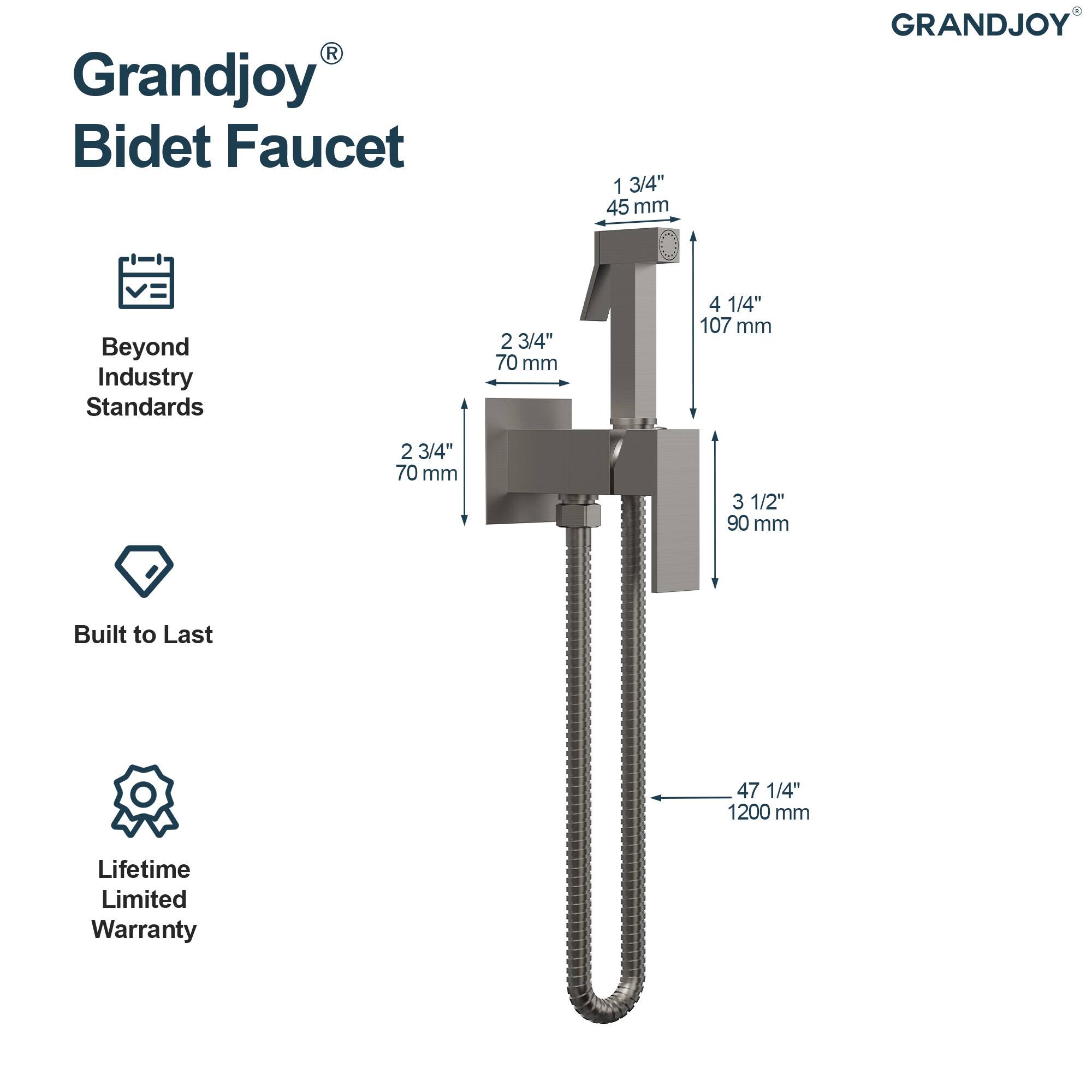 Grandjoy Bidet Faucet

Beyond Industry Standards

Built to Last

Lifetime Limited Warranty

1 3/4" 45 mm

2 3/4" 70 mm

4 1/4" 107 mm

3 1/2" 90 mm

47 1/4" 1200 mm