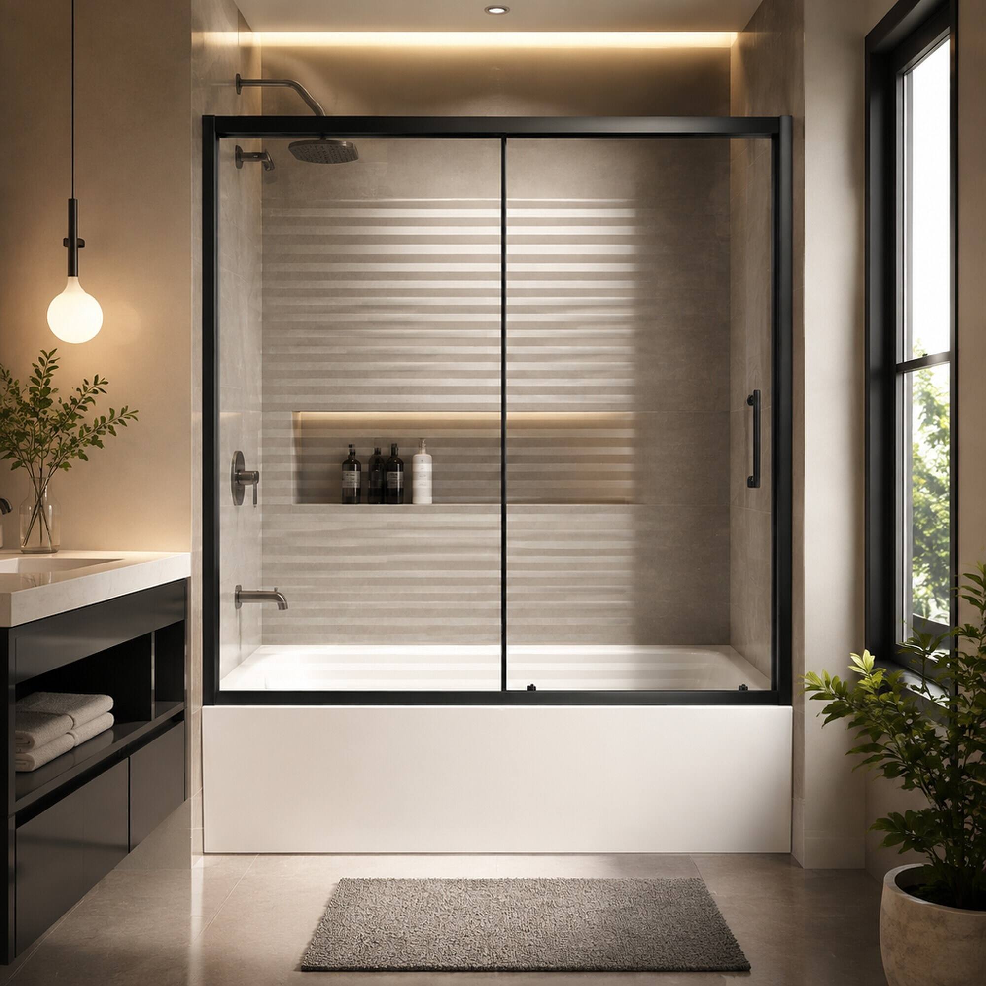 Angle. RYHNUYNE - 60 In W X 62 In H Single Sliding Shower Door, 1/5 In Clear Tempered Glass With Stainless Steel Handle Black Finish - Matt Black.
