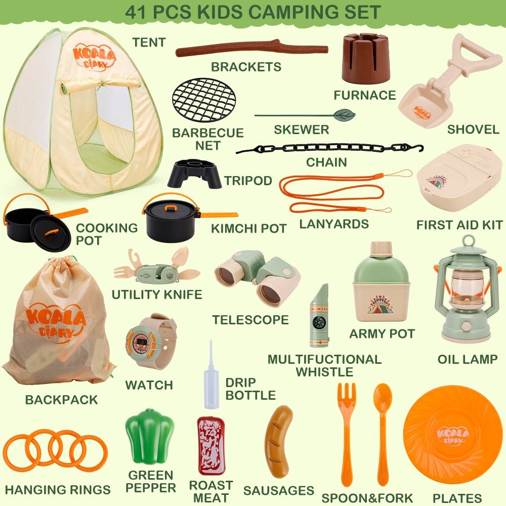 41 PCS KIDS CAMPING SET

- TENT
- BRACKETS
- FURNACE
- SKEWER
- SHOVEL
- BARBECUE NET
- TRIPOD
- CHAIN
- COOKING POT
- KIMCHI POT
- LANYARDS
- FIRST AID KIT
- UTILITY KNIFE
- TELESCOPE
- ARMY POT
- OIL LAMP
- BACKPACK
- WATCH
- MULTIFUNCTIONAL WHISTLE
- DRIP BOTTLE
- HANGING RINGS
- GREEN PEPPER
- ROAST MEAT
- SAUSAGES
- SPOON & FORK
- PLATES