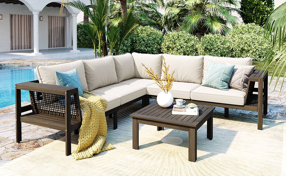 Alt View 5. Siljoy - 4-Piece L-Shaped Acacia Wood Patio Sofa Set, Mesh Armrests, Coffee & Side Tables, Beige Cushions - White.
