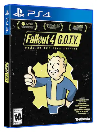 PS4
PS4™
DICE 19 ANNUAL AWARDS
BAFTA GAMES
KARS MEOUTR
GAME OF THE AWARD YEAR
BEST GAME
BEST OF SHOW
Fallsut 4 G.O.T.Y.
GAME OF THE YEAR EDITION
Fallsut4 4 G.O.T.Y.
MATURE 17+
M ESRB
INCLUDES FALLOUT 4 CORE GAME PLUS ADD-ONS
AUTOMATRON
WASTELAND WORKSHOP
FAR HARBOR
CONTRAPTIONS WORKSHOP
VAULT-TEC WORKSHOP
NUKA-WORLD
"Bethesda" - T (Teen 13+)