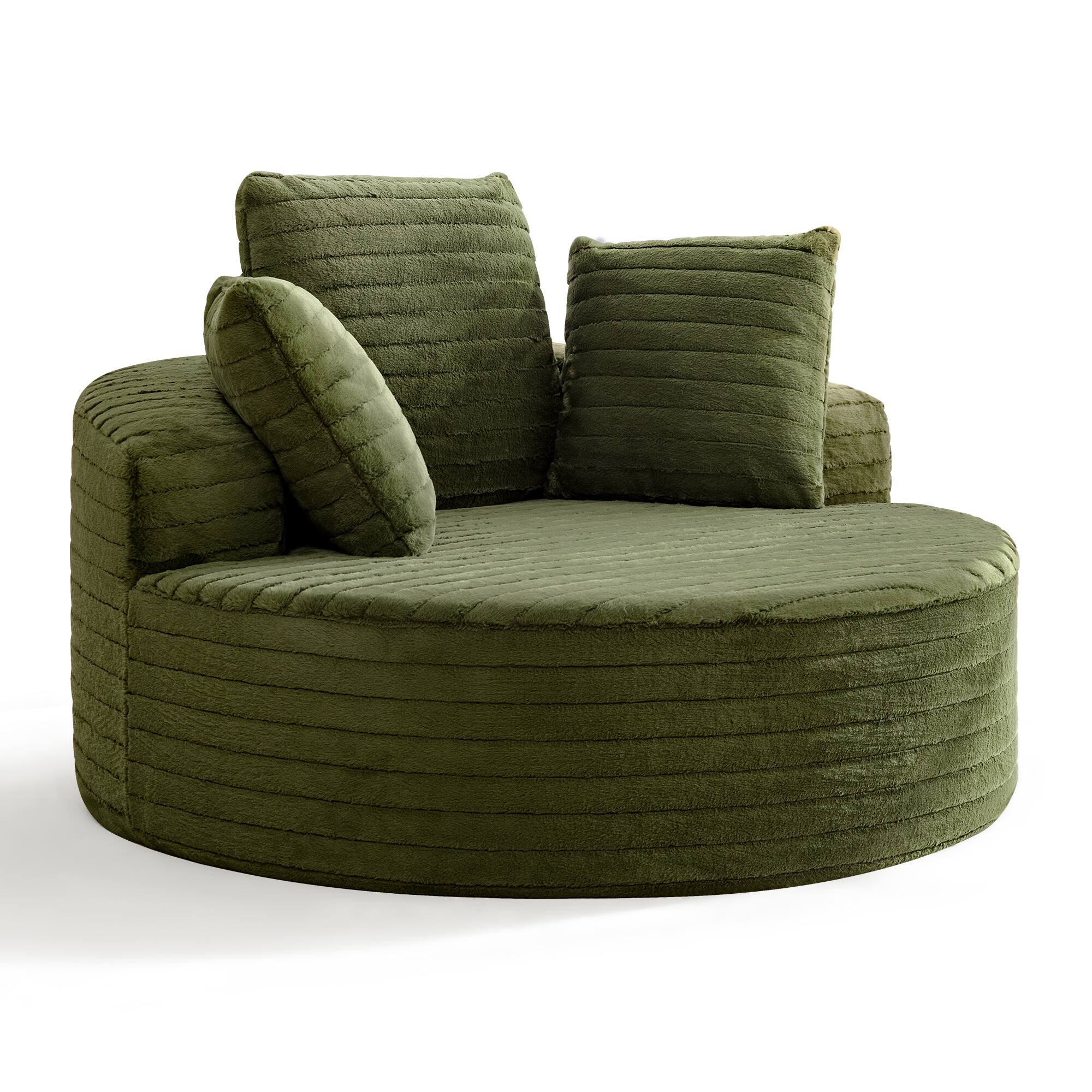 Angle. Brick Attic - 59" Wide Round Chaise Lounge Chair With Plush Upholstered Soft Big Single Couch,Modern Stump Design Large Recliner - Green.
